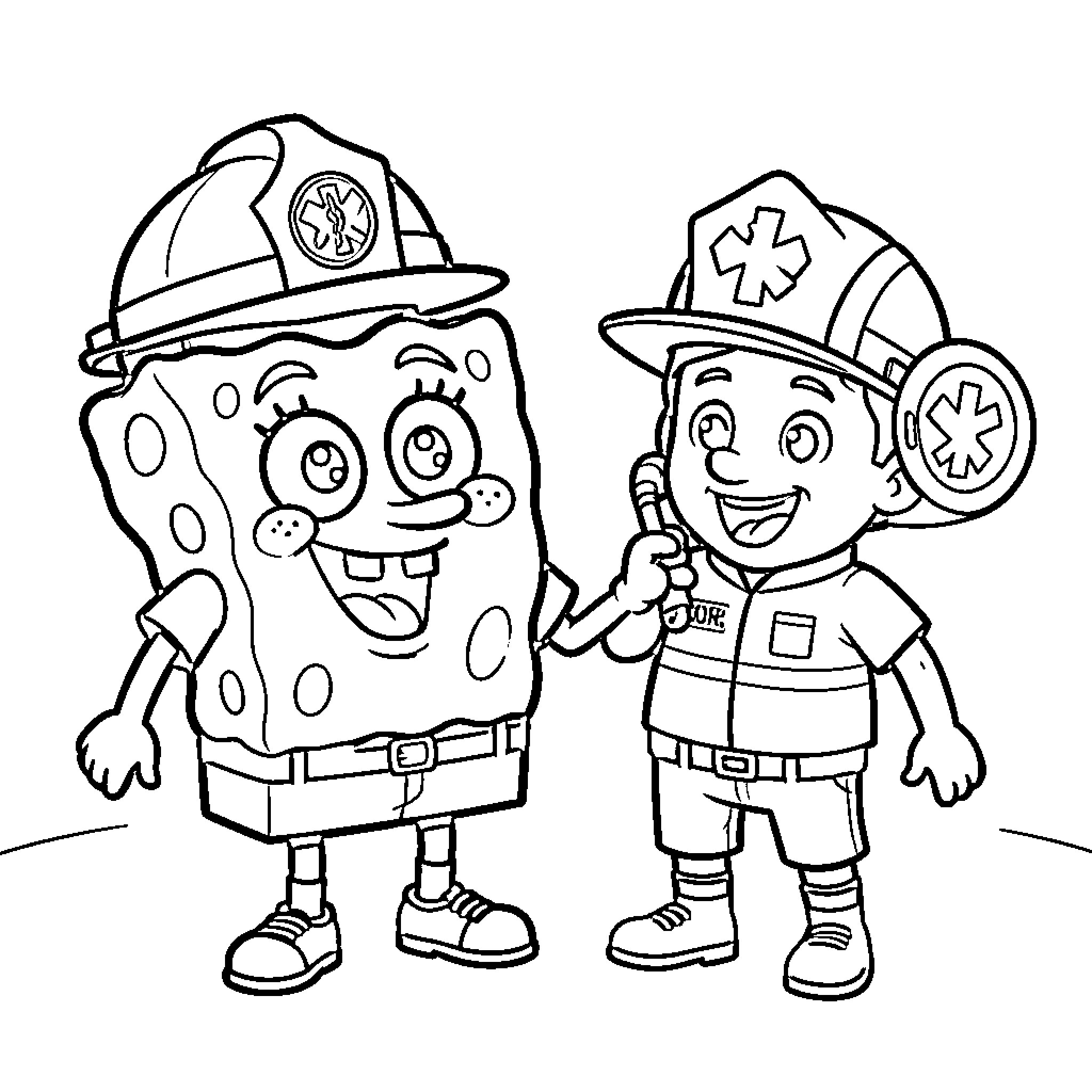 Bob Sponge and a young boy dressed as firefighters Coloring Page (free black-and-white line drawing printable PDF for all, from beginners to advanced learners, including children, teens, adults, and seniors)
