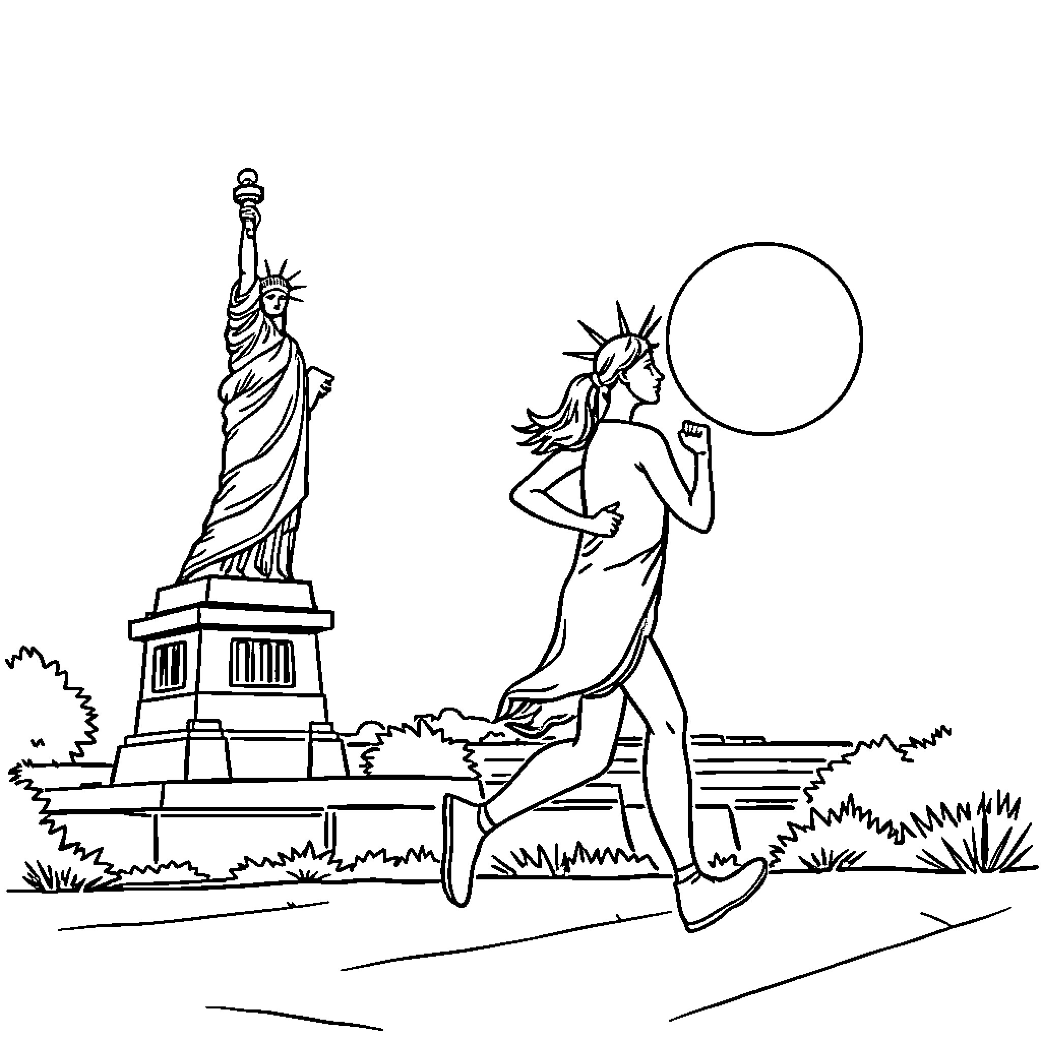 Statue Of Liberty with jogger in the park Coloring Page (free black-and-white line drawing printable PDF for all, from beginners to advanced learners, including children, teens, adults, and seniors)