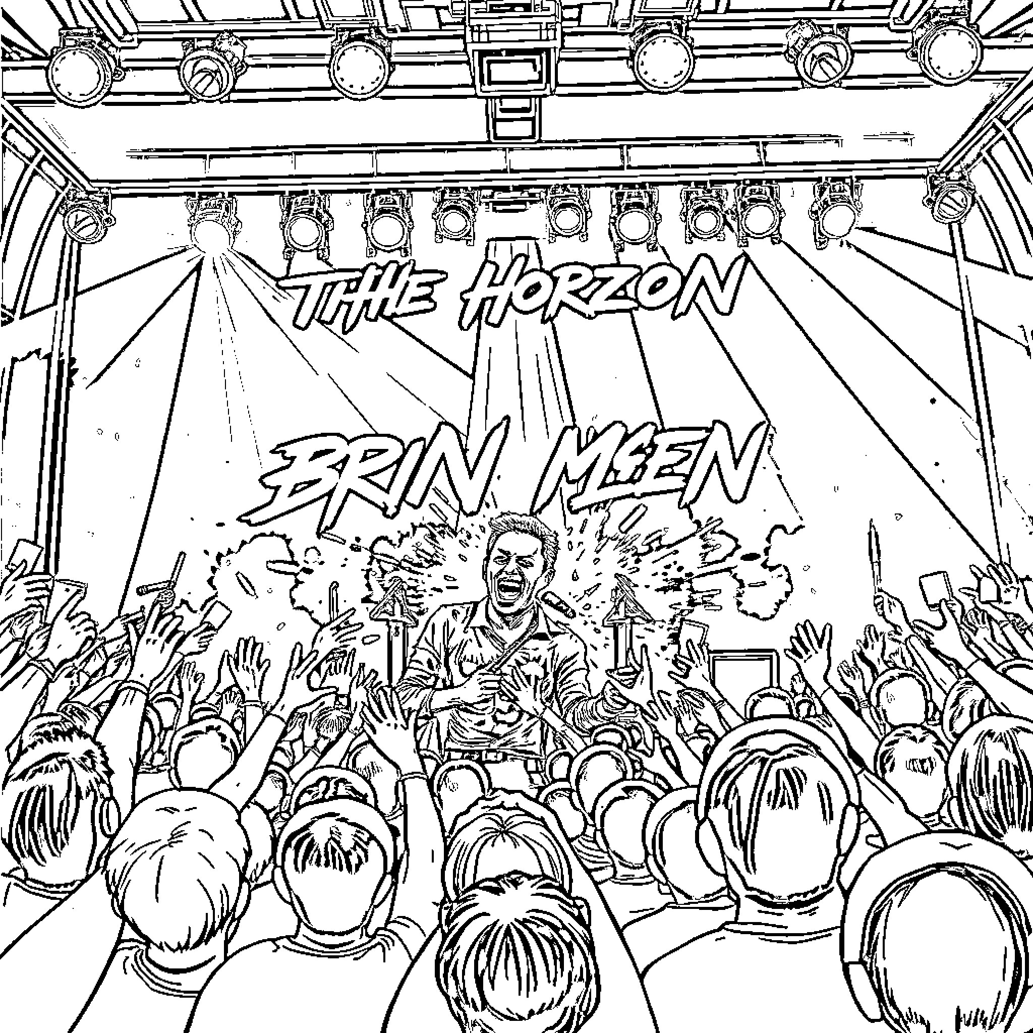Bring Me the Horizon: Erin Men performing on stage Coloring Page (free black-and-white line drawing printable PDF for all, from beginners to advanced learners, including children, teens, adults, and seniors)