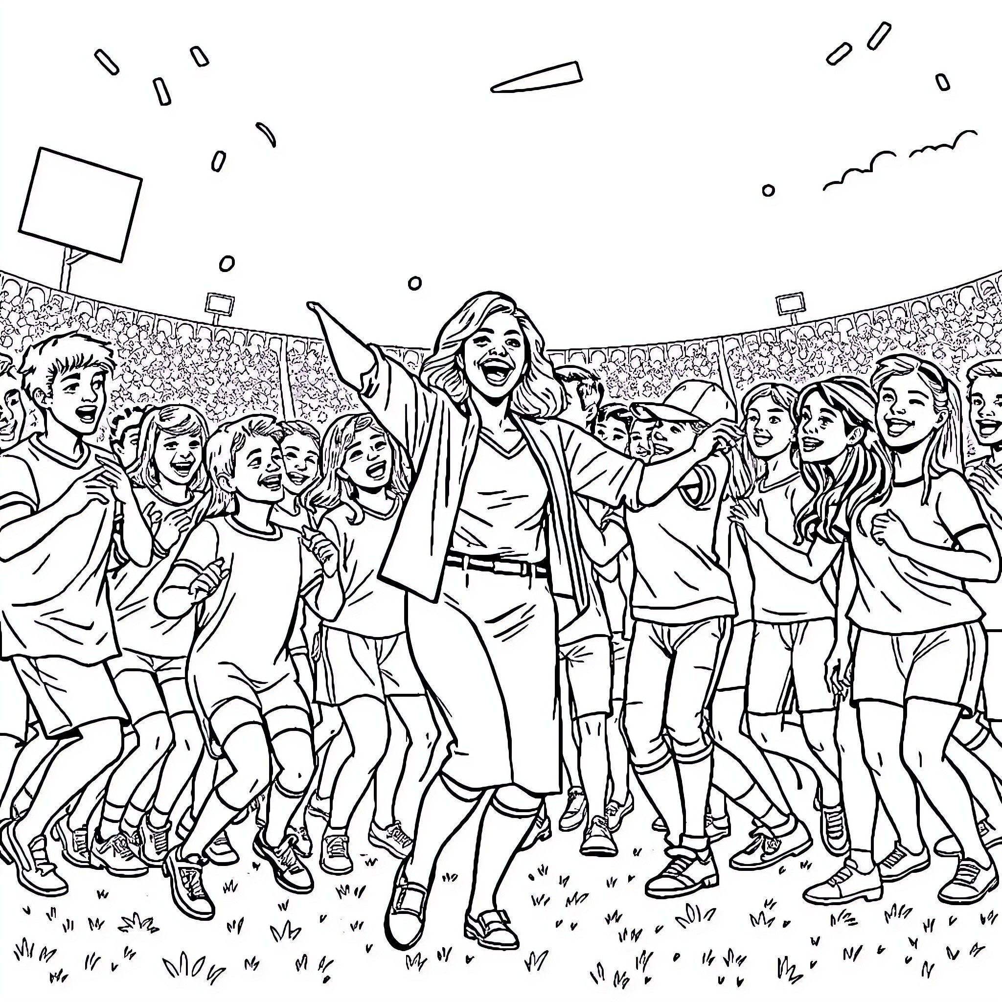 Teacher leading group of enthusiastic students in activity Coloring Page (free black-and-white line drawing printable PDF for all, from beginners to advanced learners, including children, teens, adults, and seniors)