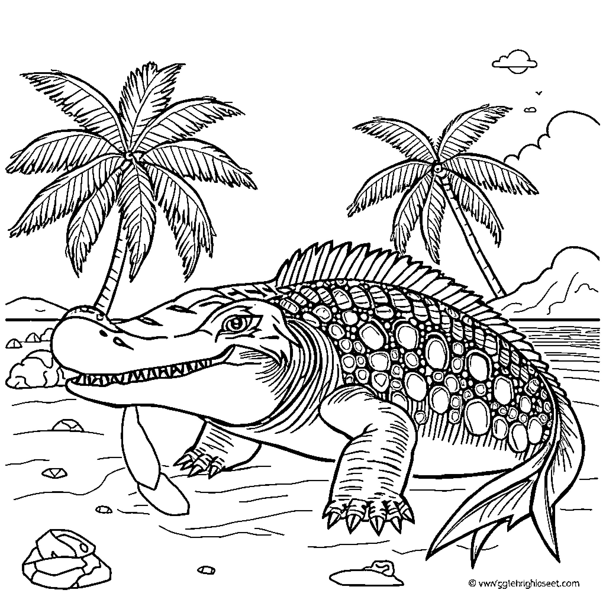 Krokodil swimming in the tropical paradise Coloring Page (free black-and-white line drawing printable PDF for all, from beginners to advanced learners, including children, teens, adults, and seniors)