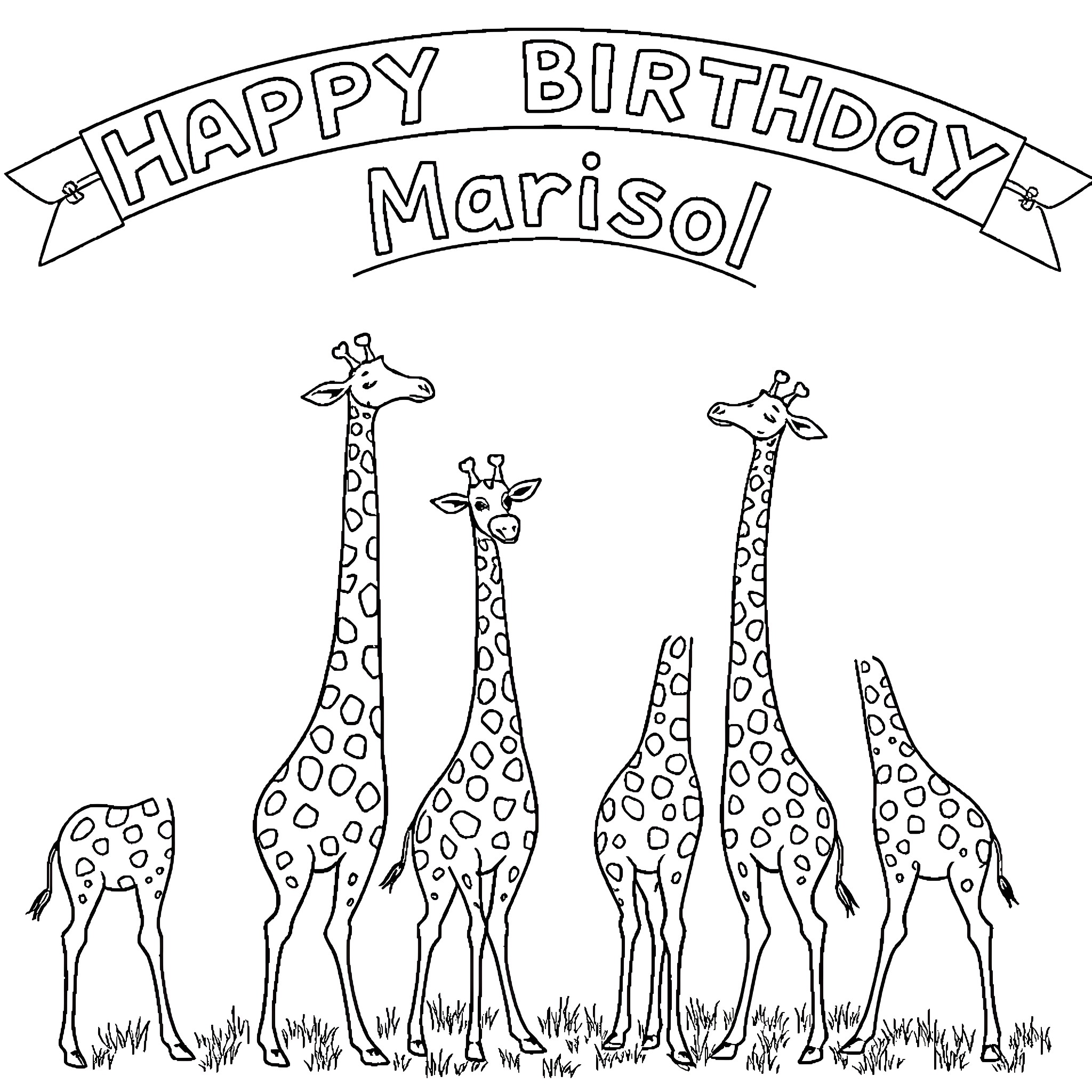 Giraffe family celebrating a birthday Coloring Page (free black-and-white line drawing printable PDF for all, from beginners to advanced learners, including children, teens, adults, and seniors)