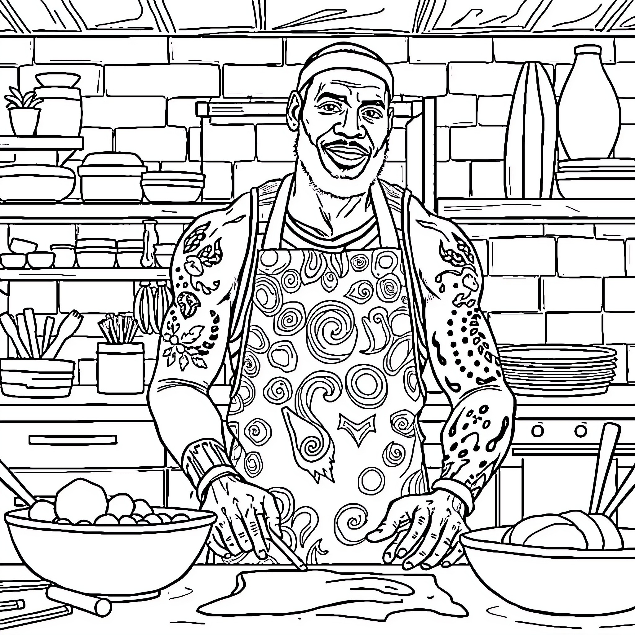 LeBron James in the kitchen, cooking with enthusiasm Coloring Page (free black-and-white line drawing printable PDF for all, from beginners to advanced learners, including children, teens, adults, and seniors)