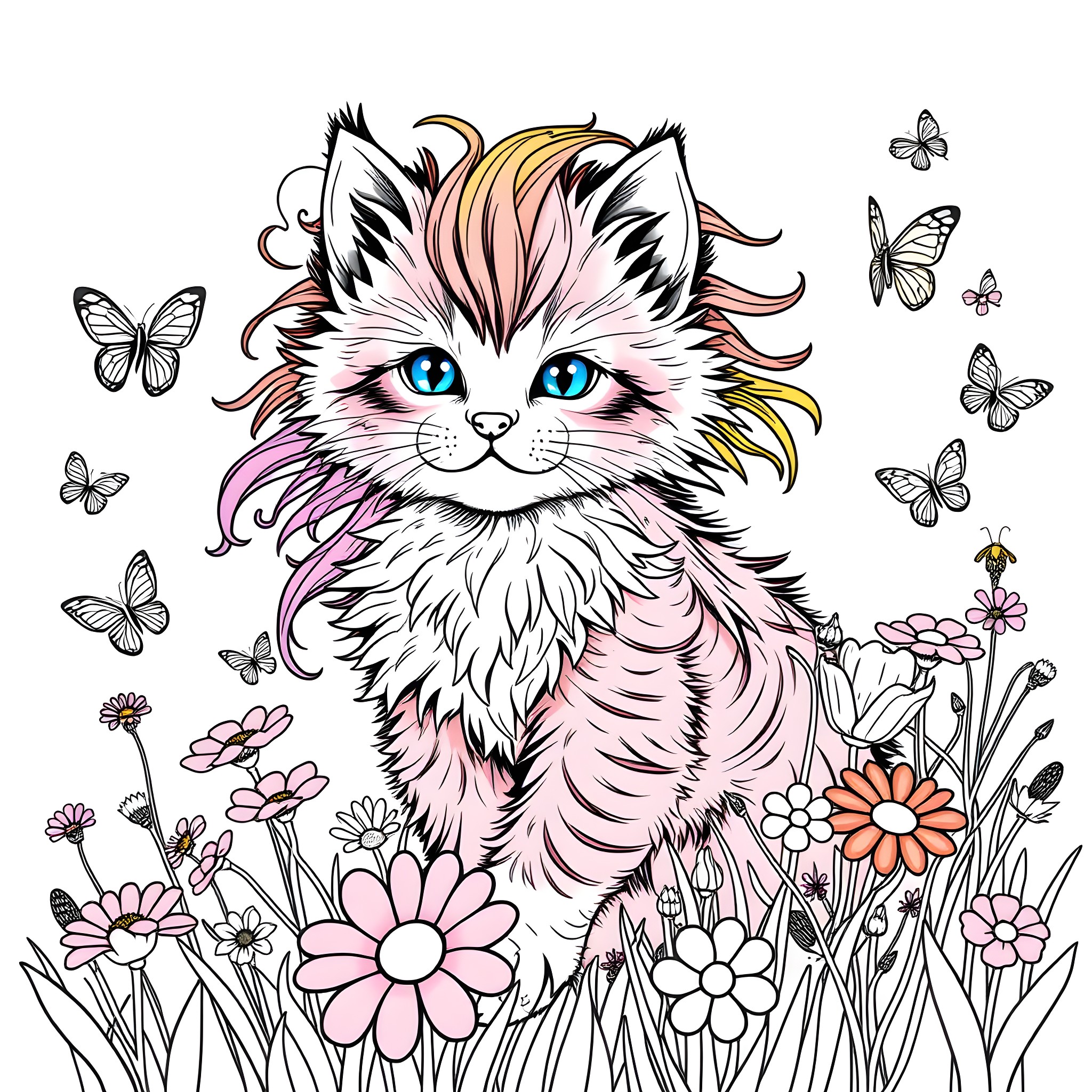 Kitten playing in a floral garden Coloring Page (free black-and-white line drawing printable PDF for all, from beginners to advanced learners, including children, teens, adults, and seniors)