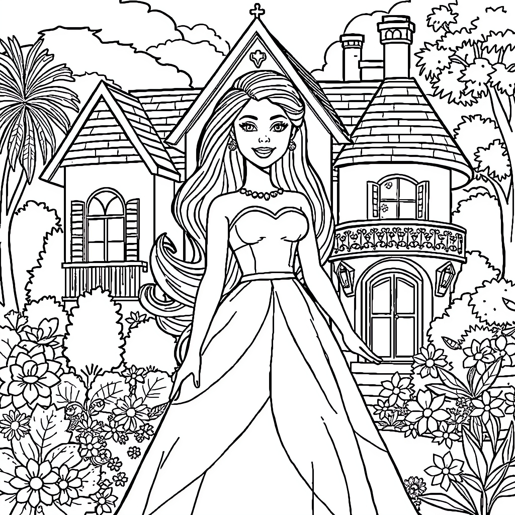 Barbie posing elegantly in a fantasy castle garden Coloring Page (free black-and-white line drawing printable PDF for all, from beginners to advanced learners, including children, teens, adults, and seniors)