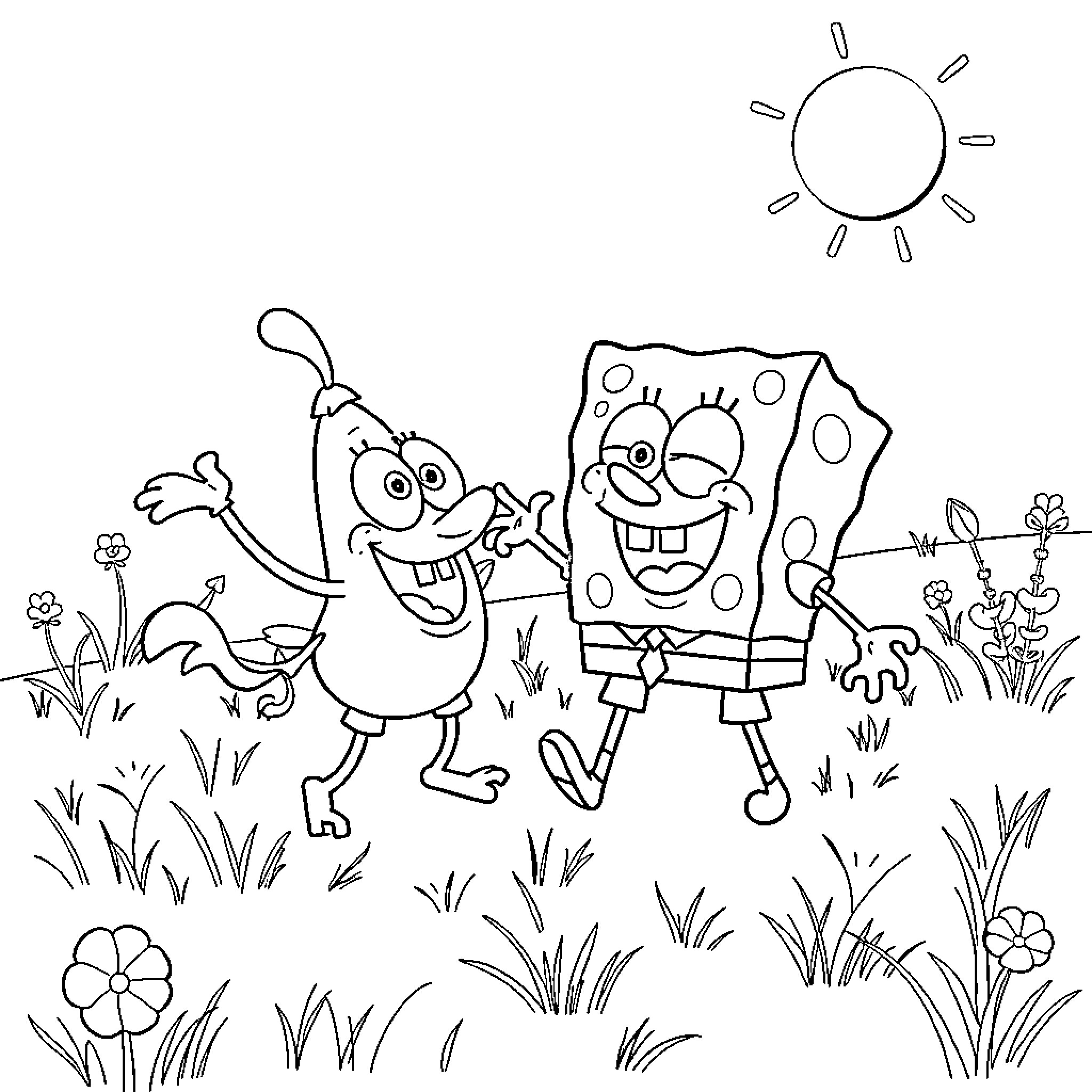 Spongebob and Patrick's Outdoor Adventure Coloring Page (free black-and-white line drawing printable PDF for all, from beginners to advanced learners, including children, teens, adults, and seniors)