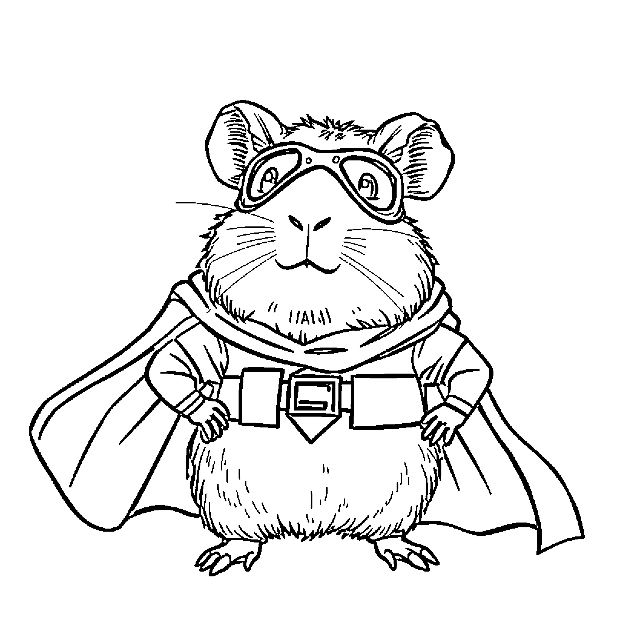 Guinea Pig Superhero in Costume Coloring Page (free black-and-white line drawing printable PDF for all, from beginners to advanced learners, including children, teens, adults, and seniors)