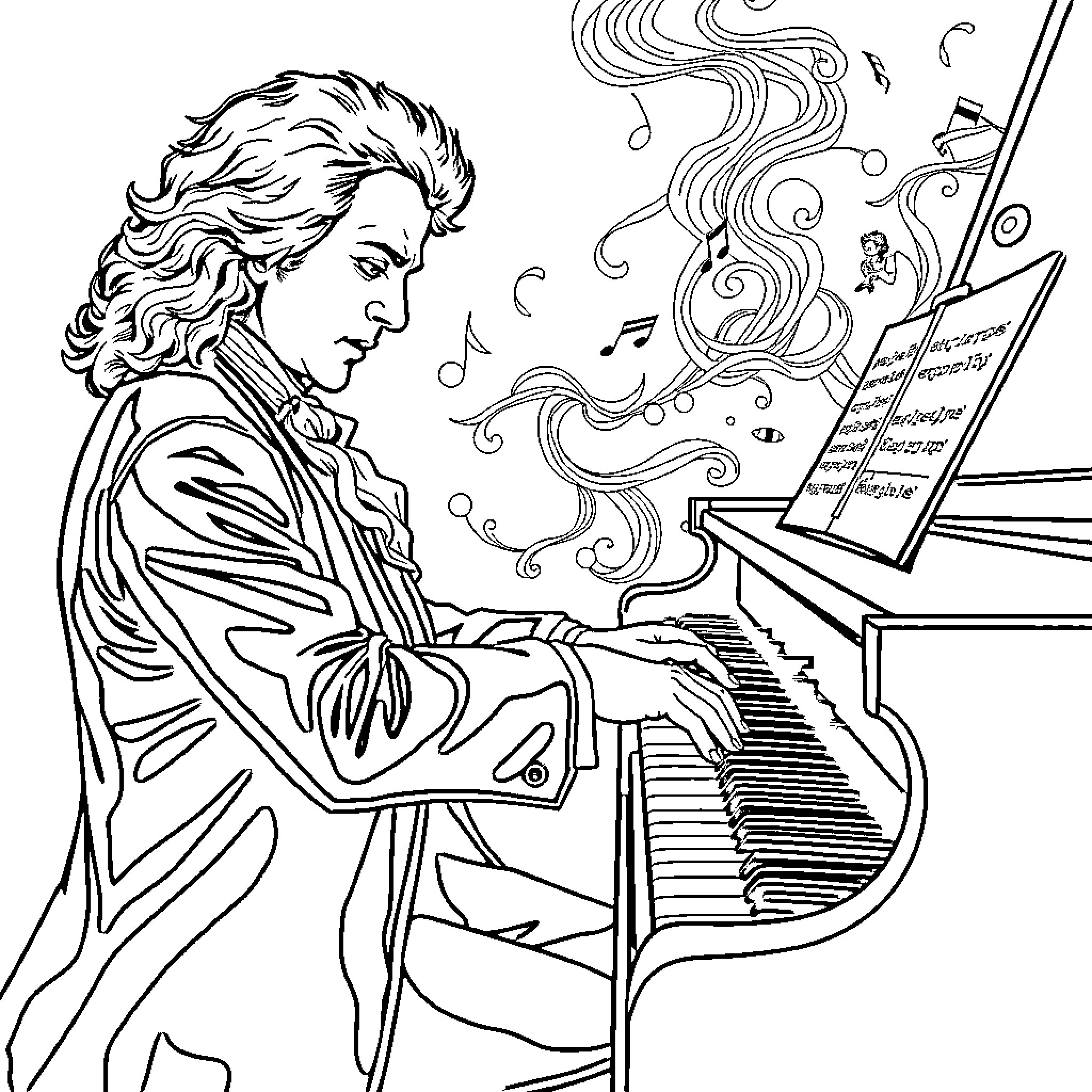 Mozart Composing Masterful Music at the Piano Coloring Page (free black-and-white line drawing printable PDF for all, from beginners to advanced learners, including children, teens, adults, and seniors)