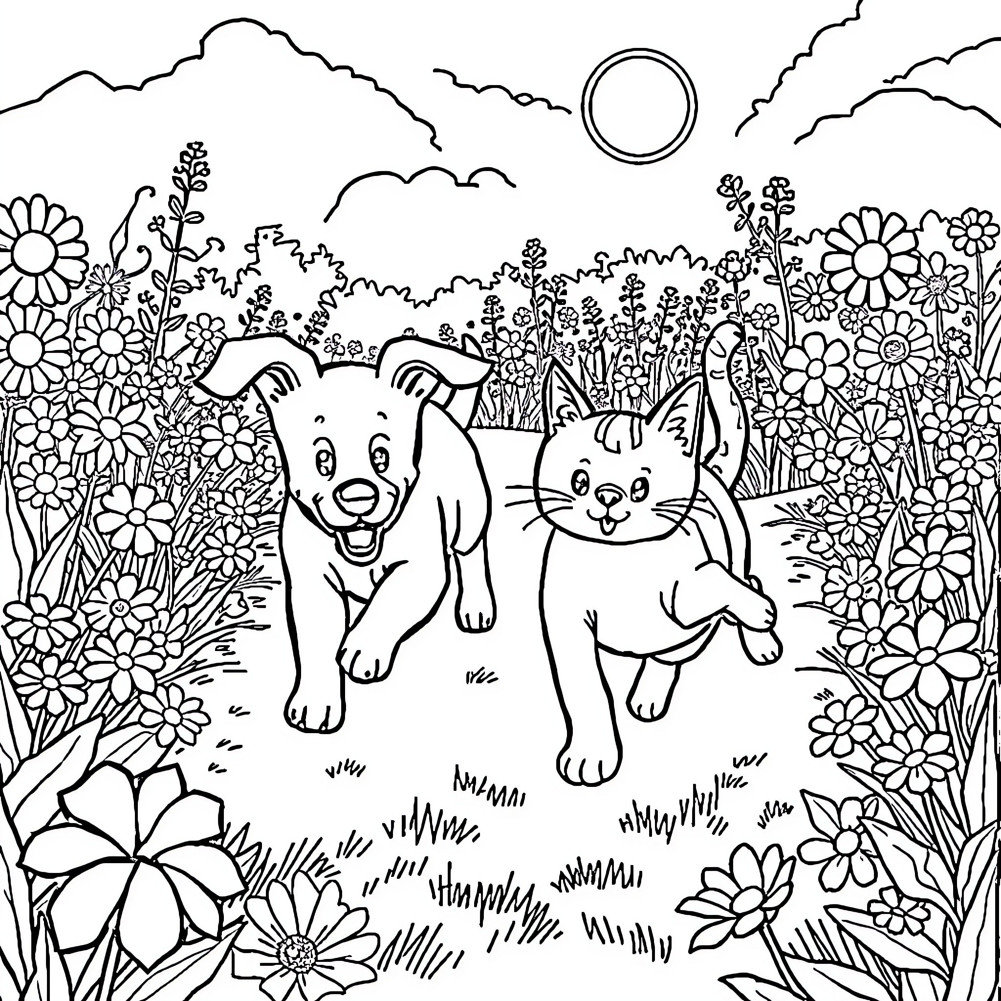 Dog and cat playing in a flower garden Coloring Page (free black-and-white line drawing printable PDF for all, from beginners to advanced learners, including children, teens, adults, and seniors)