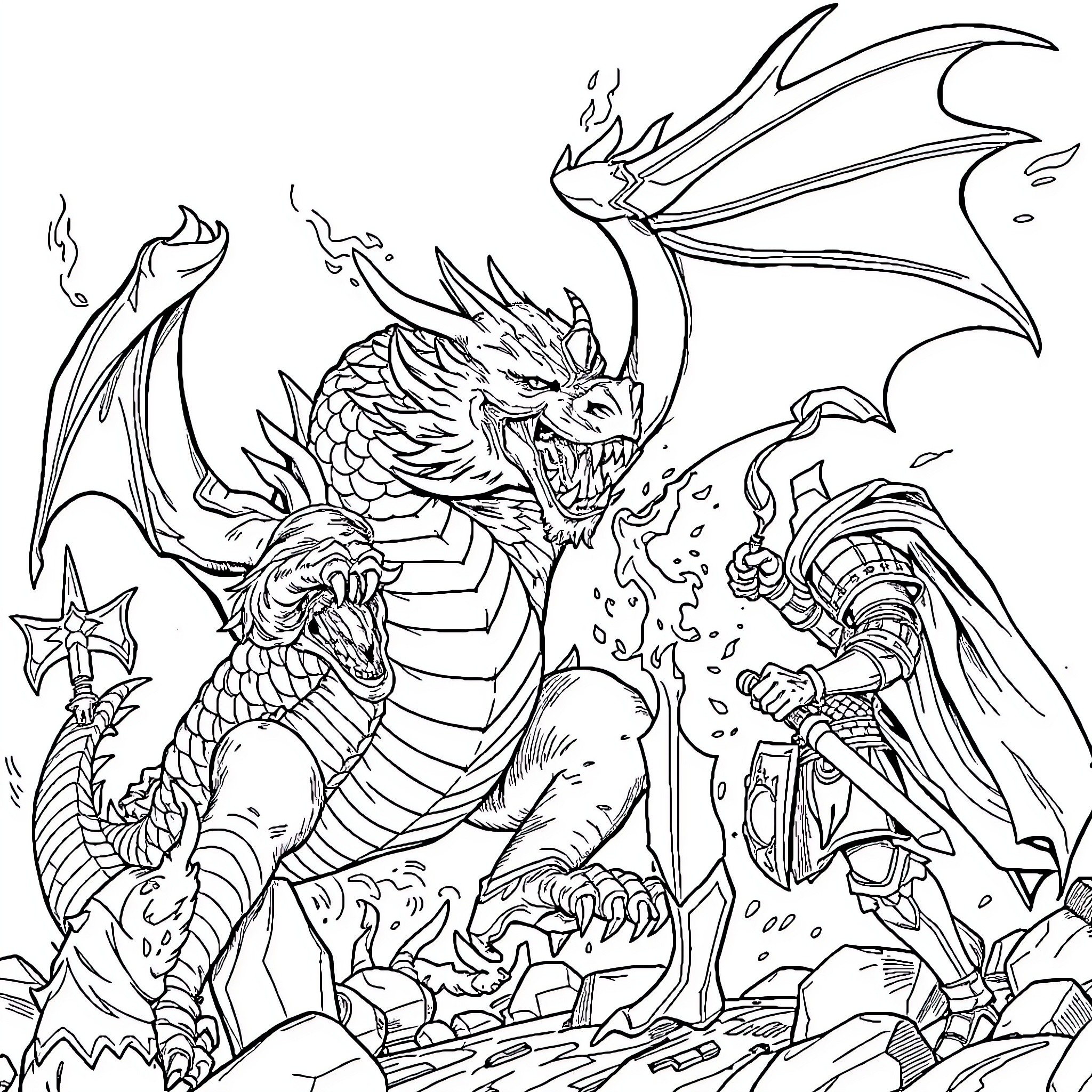 Dragon engaging in fierce battle with knight Coloring Page (free black-and-white line drawing printable PDF for all, from beginners to advanced learners, including children, teens, adults, and seniors)
