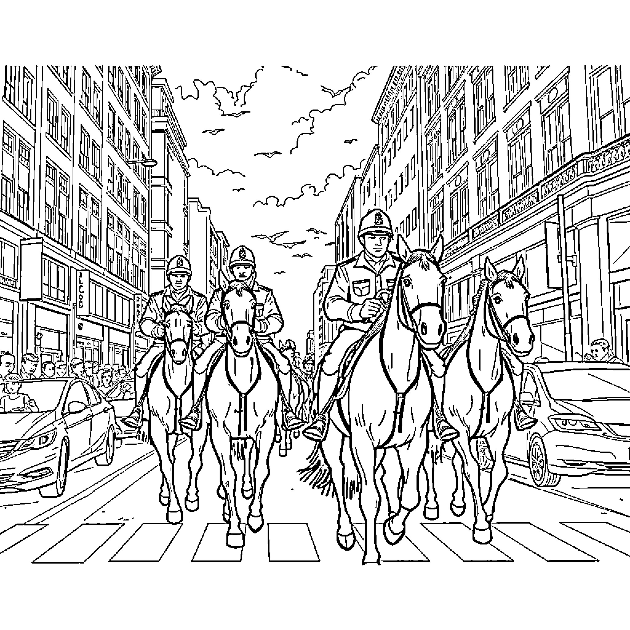 Horse-mounted police officers patrolling city streets Coloring Page (free black-and-white line drawing printable PDF for all, from beginners to advanced learners, including children, teens, adults, and seniors)