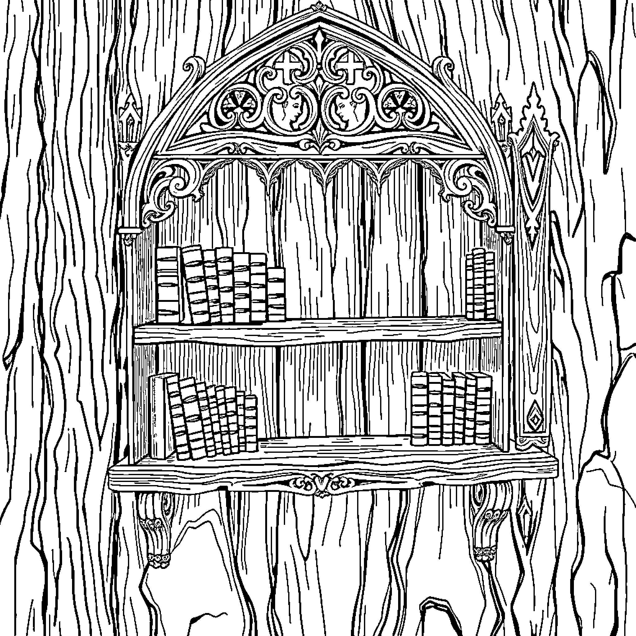 Shelf of Whimsical Gothic Bookcases Coloring Page (free black-and-white line drawing printable PDF for all, from beginners to advanced learners, including children, teens, adults, and seniors)