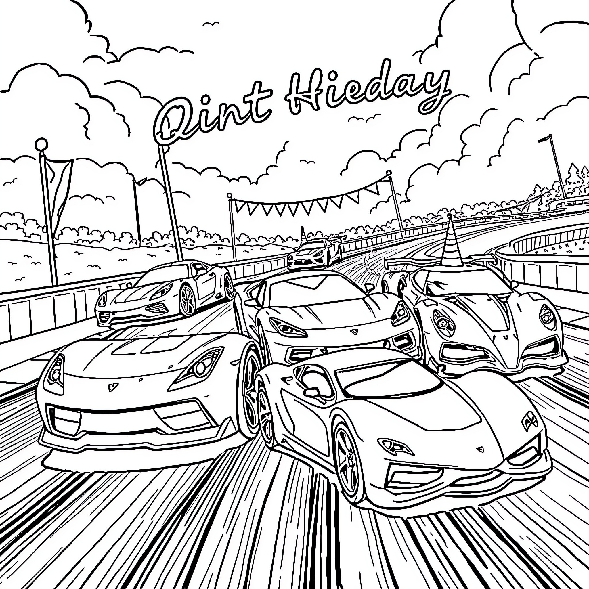 Hot Wheels cars racing on the track Coloring Page (free black-and-white line drawing printable PDF for all, from beginners to advanced learners, including children, teens, adults, and seniors)