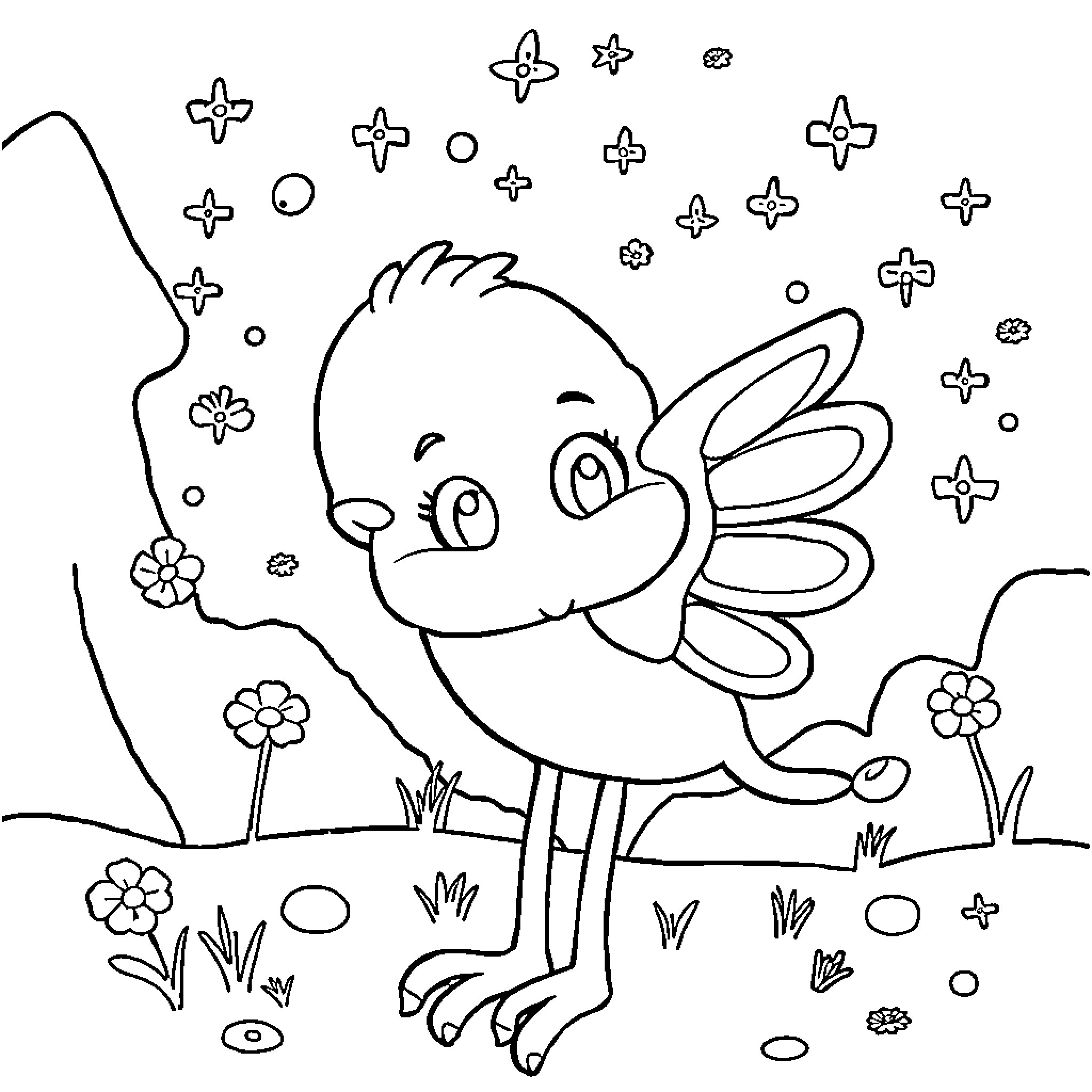 Magic Chick Surrounded by Enchanting Flowers Coloring Page (free black-and-white line drawing printable PDF for all, from beginners to advanced learners, including children, teens, adults, and seniors)