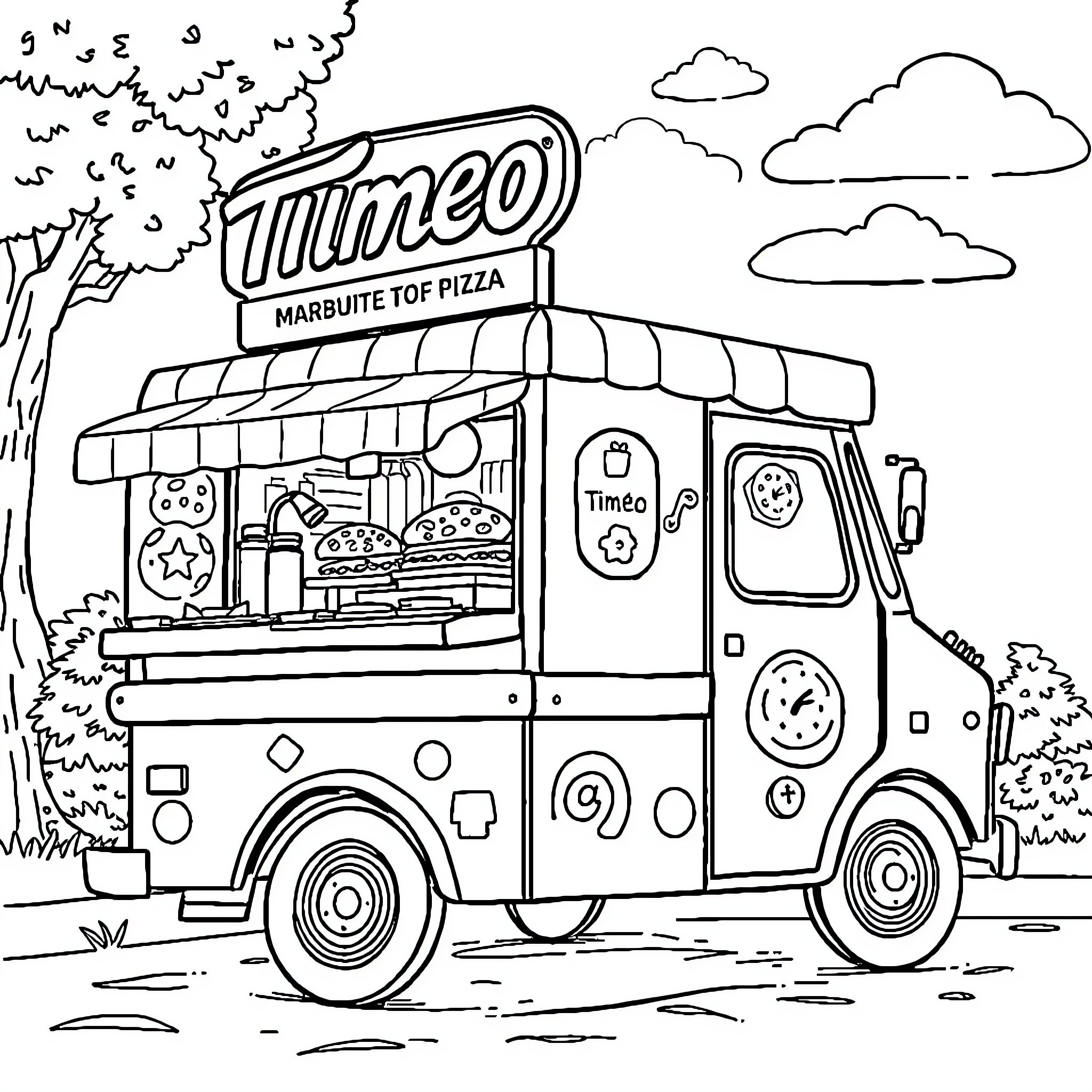 Food Truck Serving Pizza in the Park Coloring Page (free black-and-white line drawing printable PDF for all, from beginners to advanced learners, including children, teens, adults, and seniors)