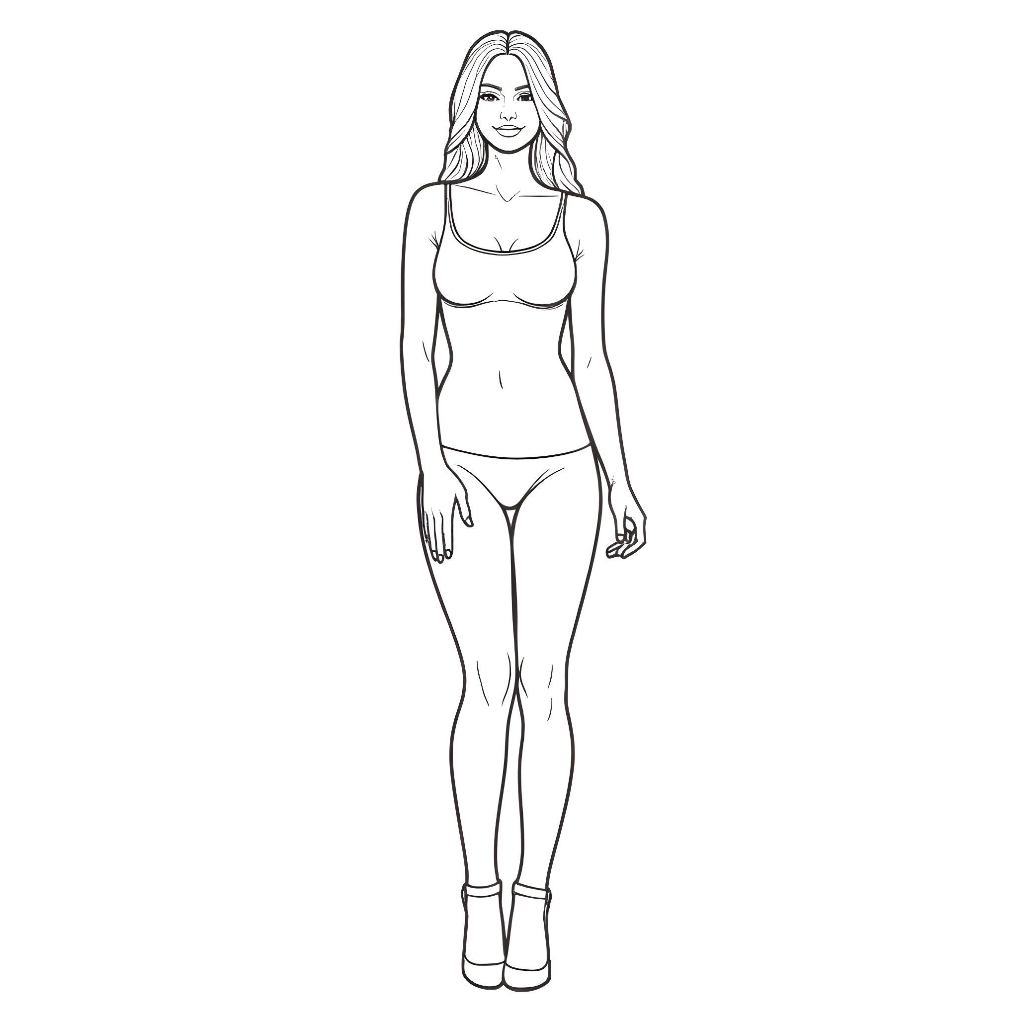 Woman in casual attire standing confidently Coloring Page (free black-and-white line drawing printable PDF for all, from beginners to advanced learners, including children, teens, adults, and seniors)