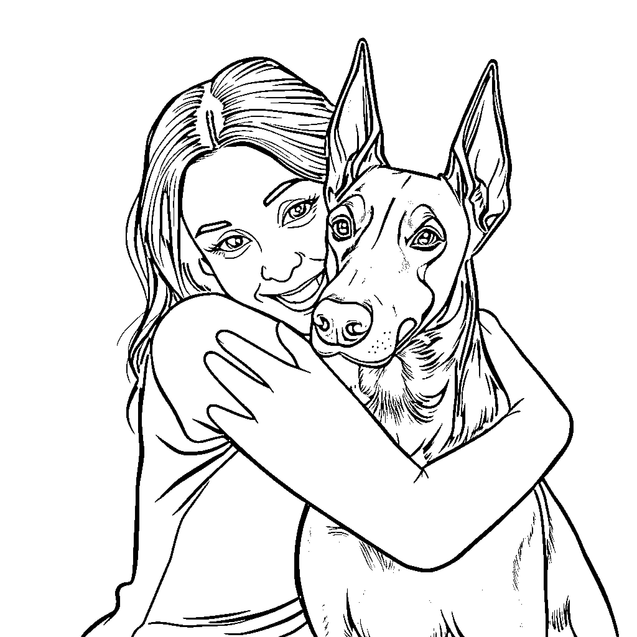 Lady embracing her loyal canine companion Coloring Page (free black-and-white line drawing printable PDF for all, from beginners to advanced learners, including children, teens, adults, and seniors)