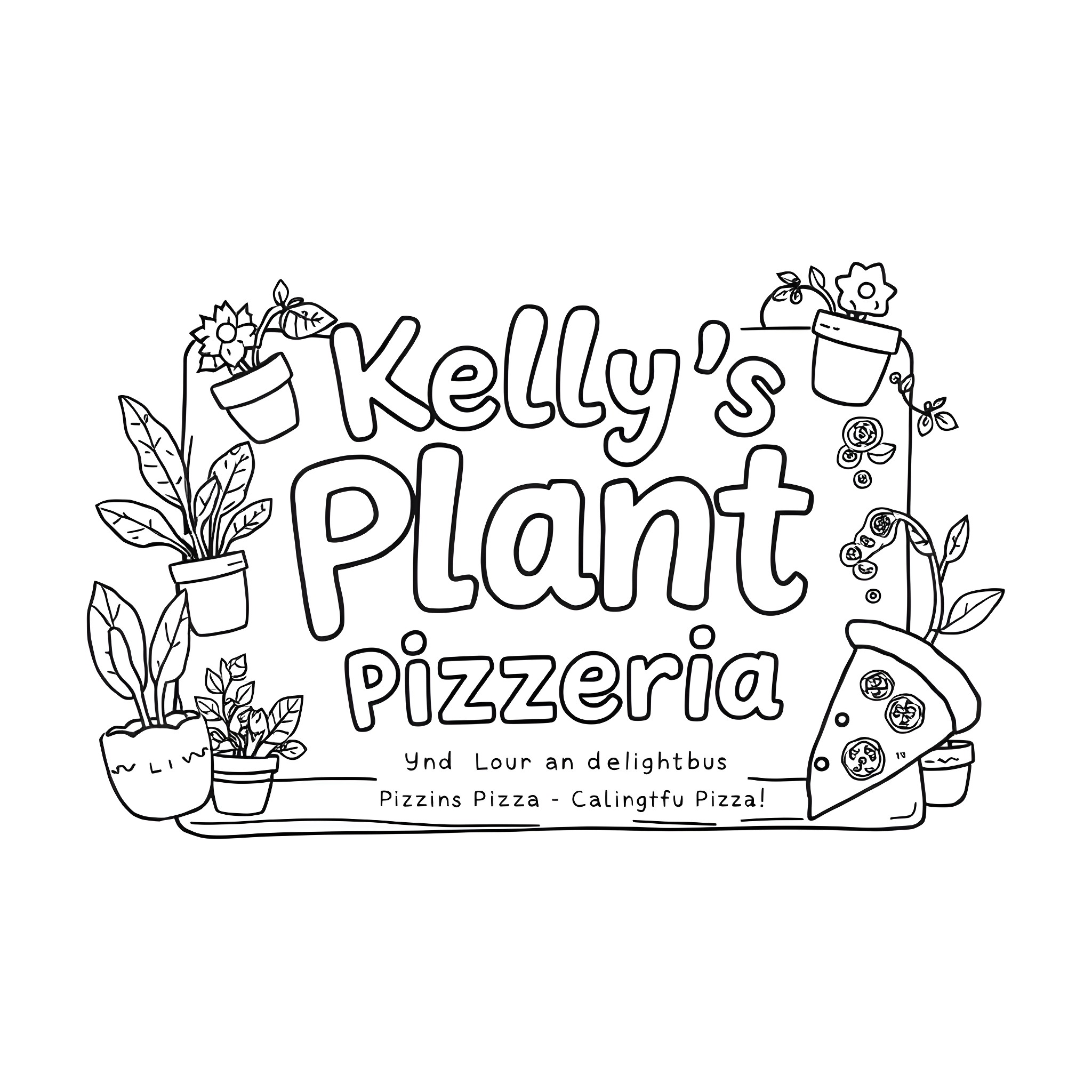 Sign advertising Kelly's Plant Pizzeria Coloring Page (free black-and-white line drawing printable PDF for all, from beginners to advanced learners, including children, teens, adults, and seniors)