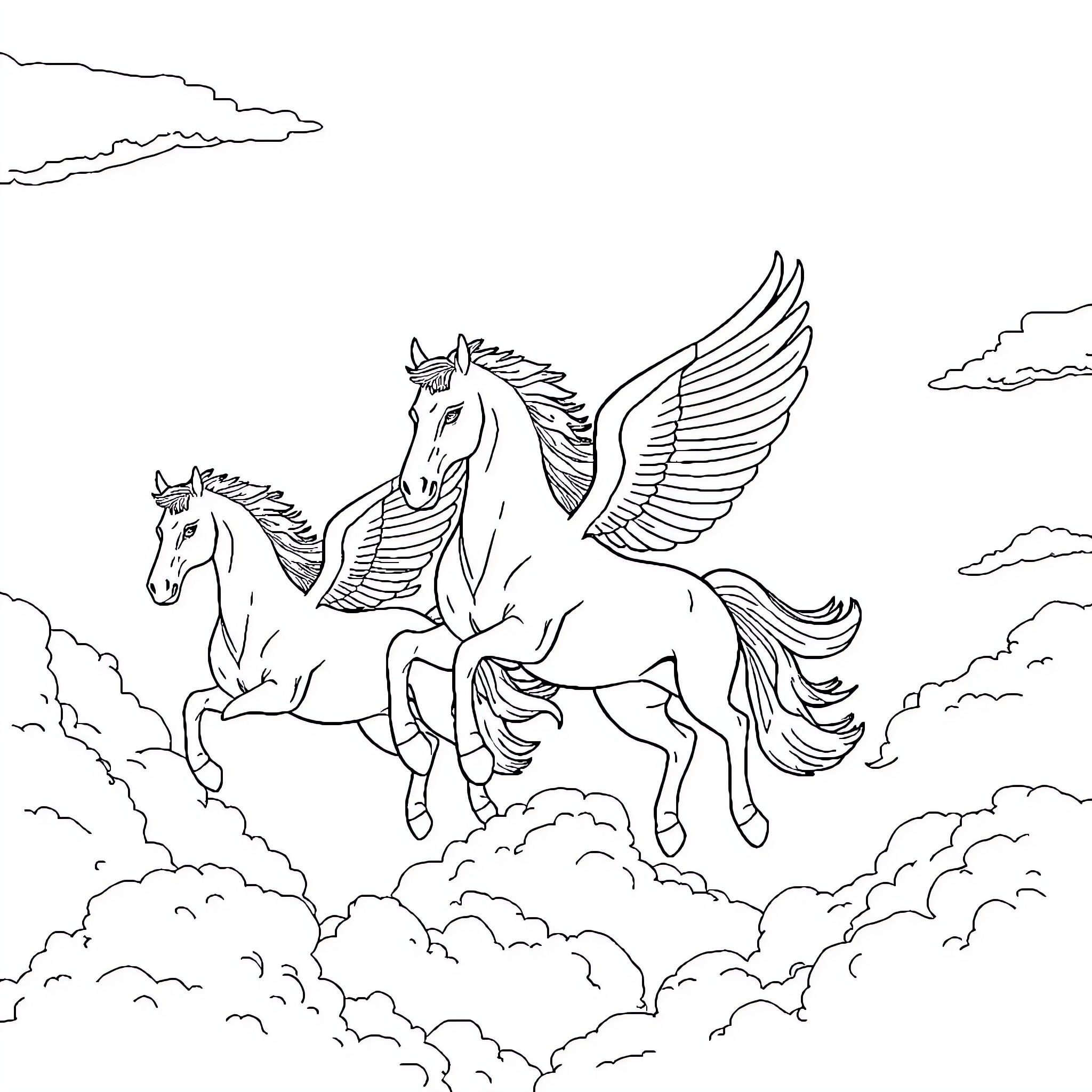 Pegasus soaring through the clouds Coloring Page (free black-and-white line drawing printable PDF for all, from beginners to advanced learners, including children, teens, adults, and seniors)