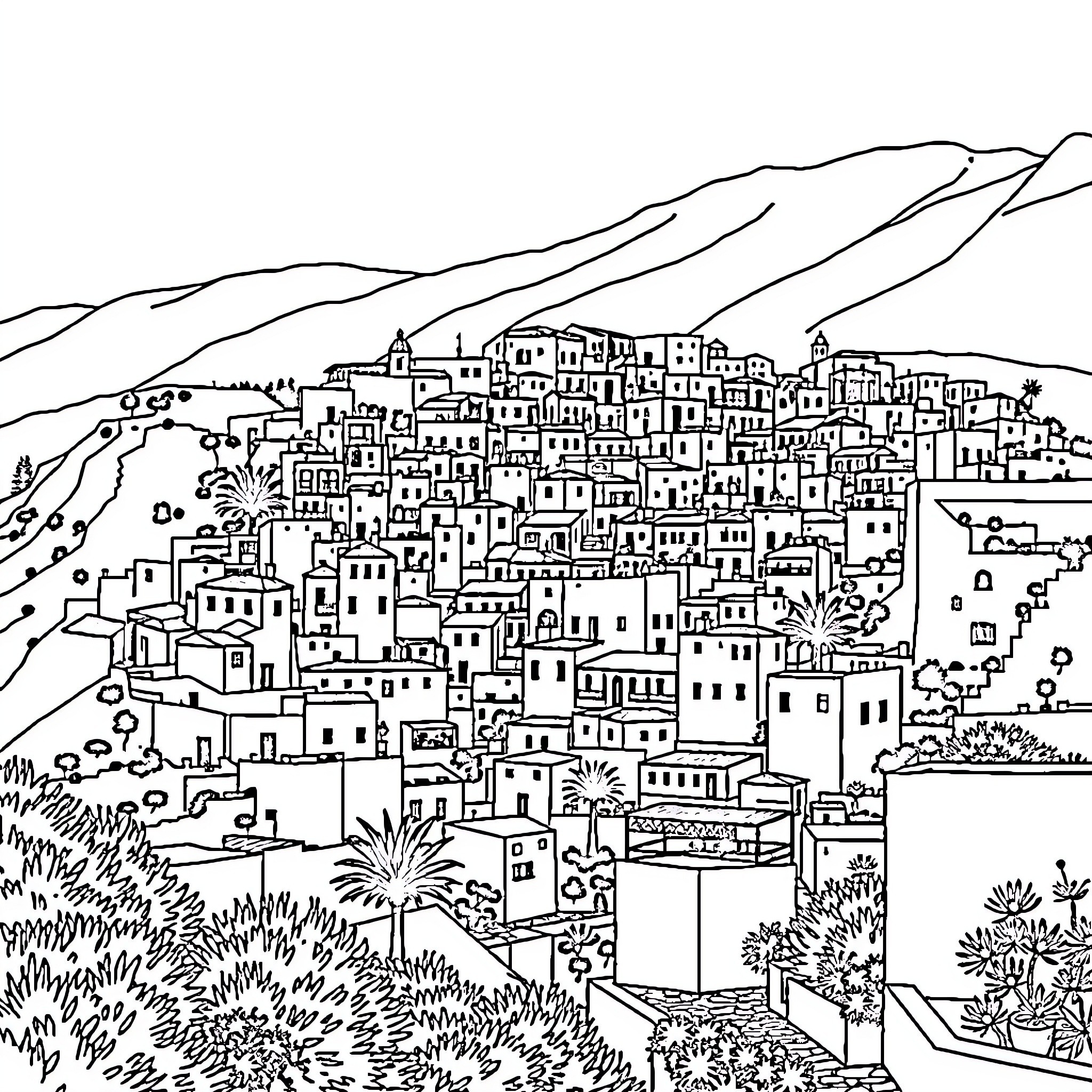 Chefchaouen: Vibrant Mountain Town Landscape Coloring Page (free black-and-white line drawing printable PDF for all, from beginners to advanced learners, including children, teens, adults, and seniors)