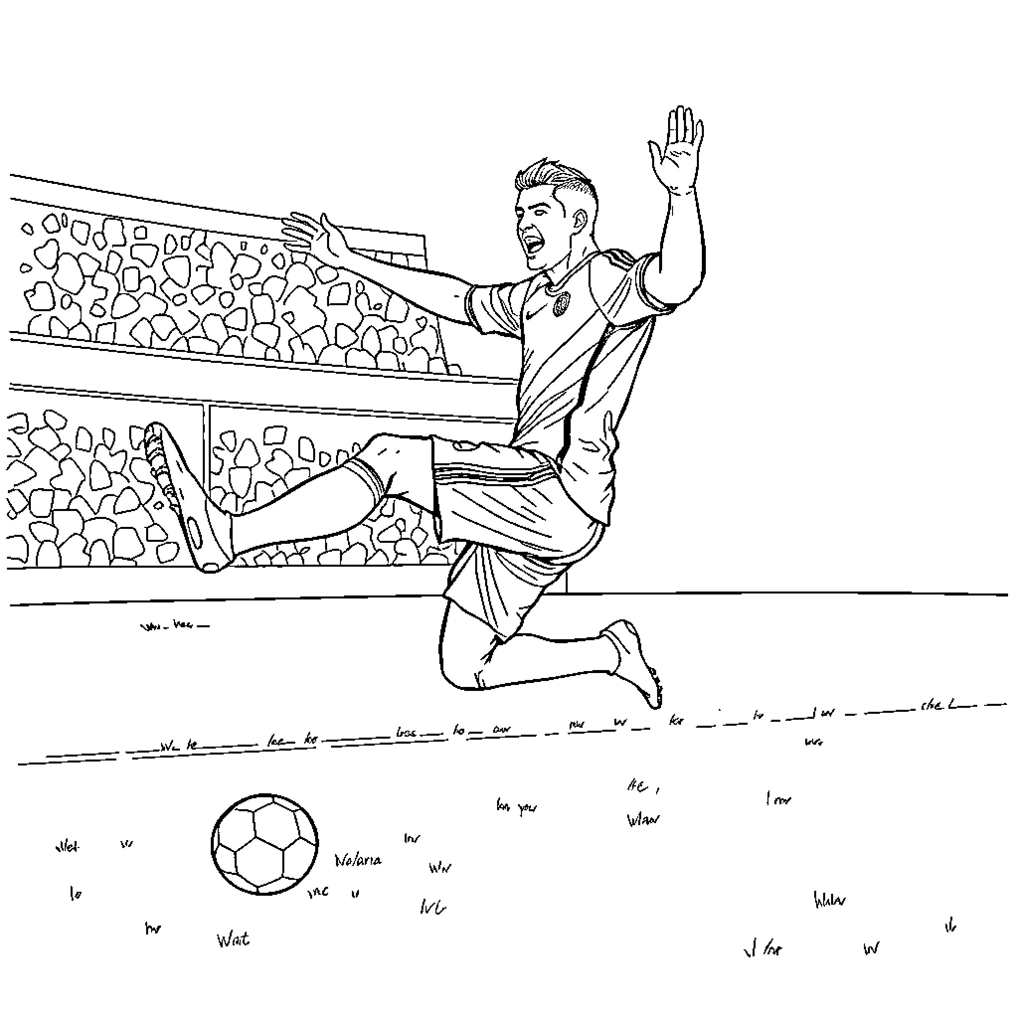 Ronaldo celebrating in the stadium Coloring Page (free black-and-white line drawing printable PDF for all, from beginners to advanced learners, including children, teens, adults, and seniors)