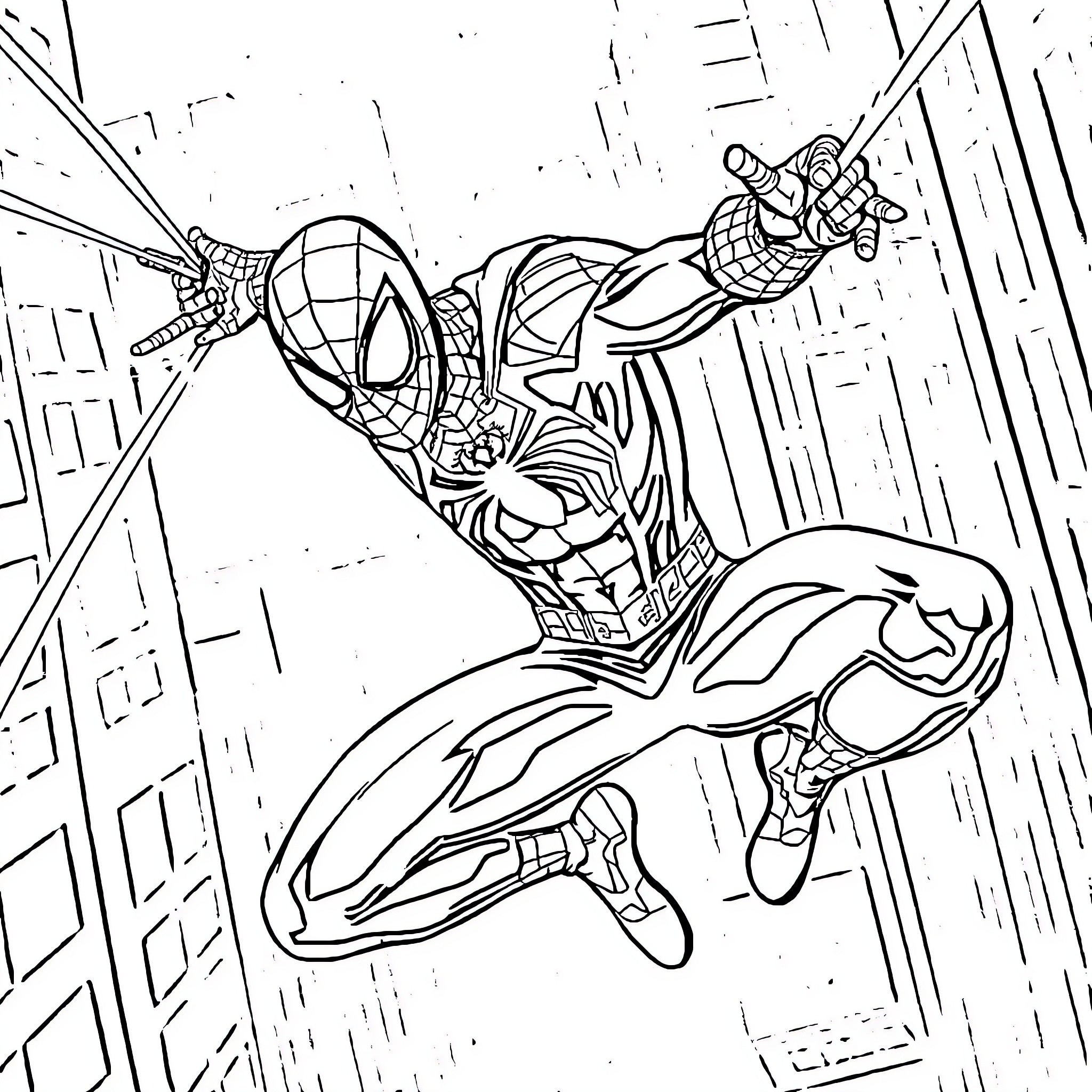 Spiderman swinging through the city Coloring Page (free black-and-white line drawing printable PDF for all, from beginners to advanced learners, including children, teens, adults, and seniors)