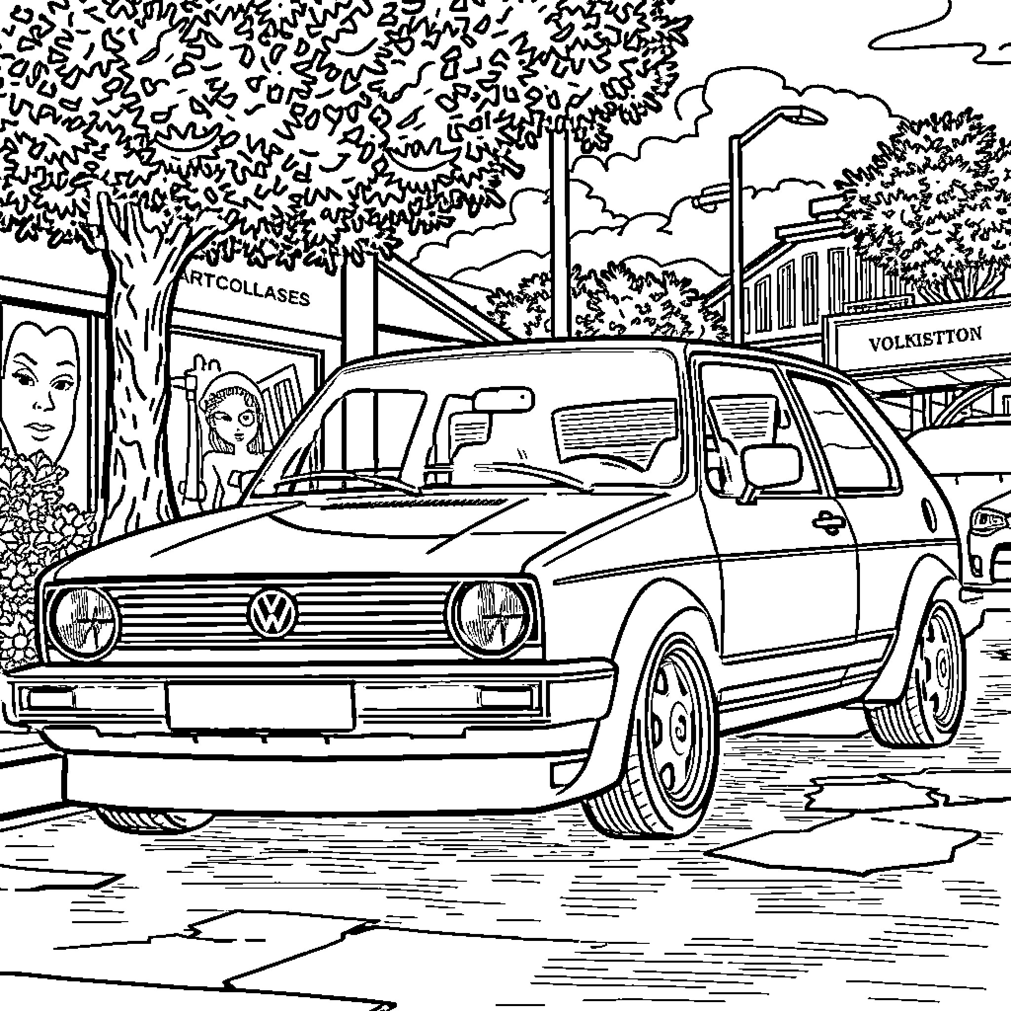 VW Golf parked on city street with trees Coloring Page (free black-and-white line drawing printable PDF for all, from beginners to advanced learners, including children, teens, adults, and seniors)