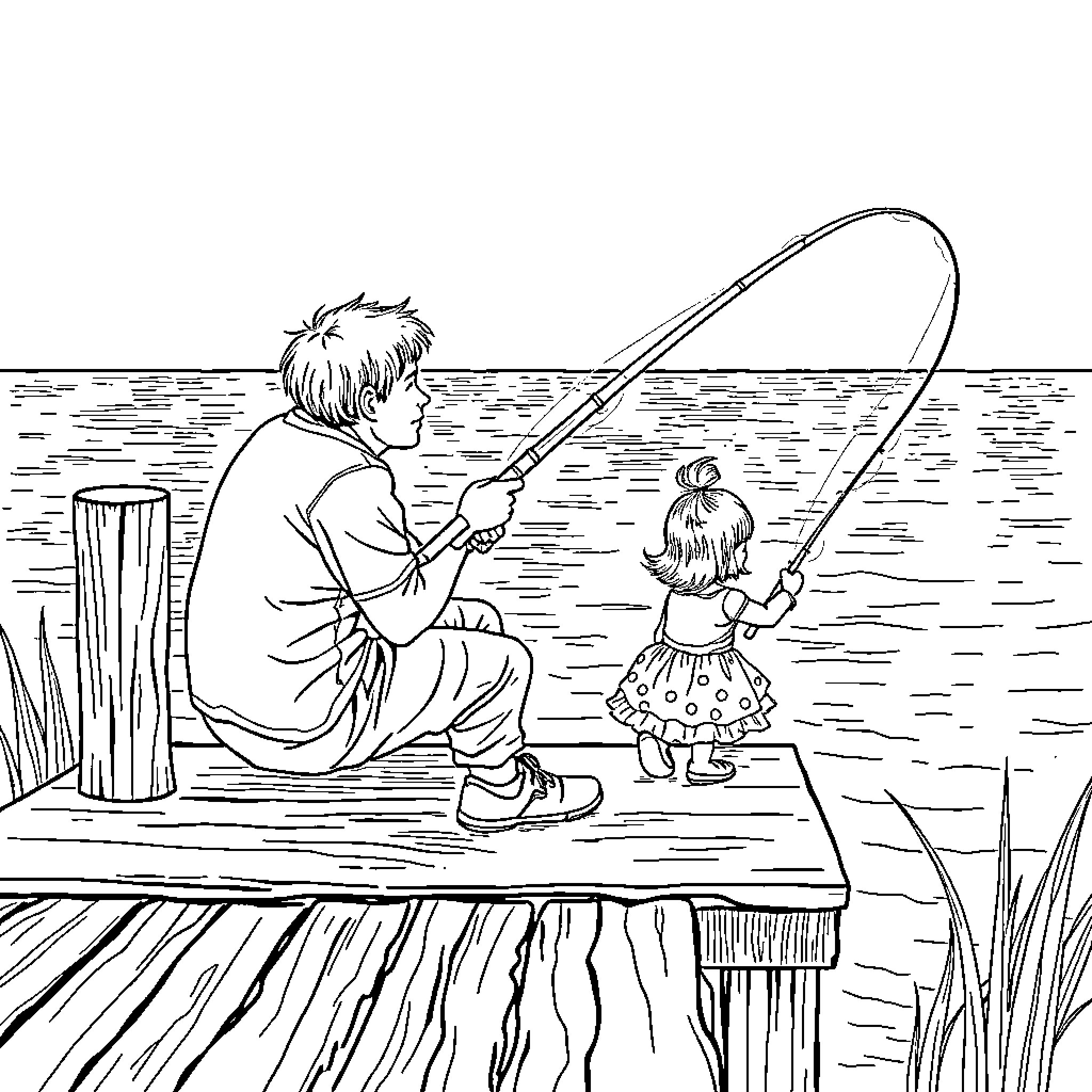 Father and Child Fishing by the Lakeside Coloring Page (free black-and-white line drawing printable PDF for all, from beginners to advanced learners, including children, teens, adults, and seniors)