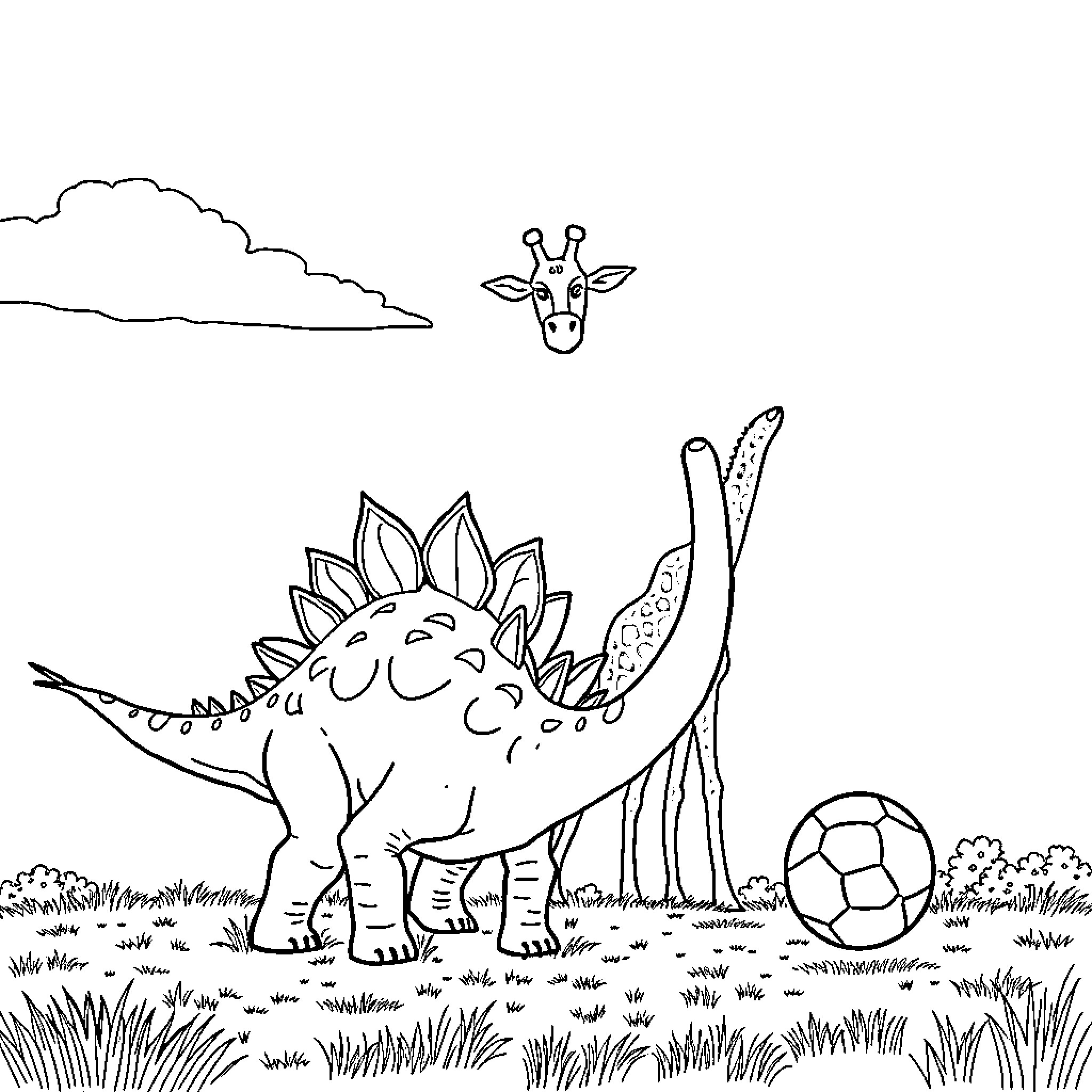 Stegosaurus playing with toys in the park Coloring Page (free black-and-white line drawing printable PDF for all, from beginners to advanced learners, including children, teens, adults, and seniors)