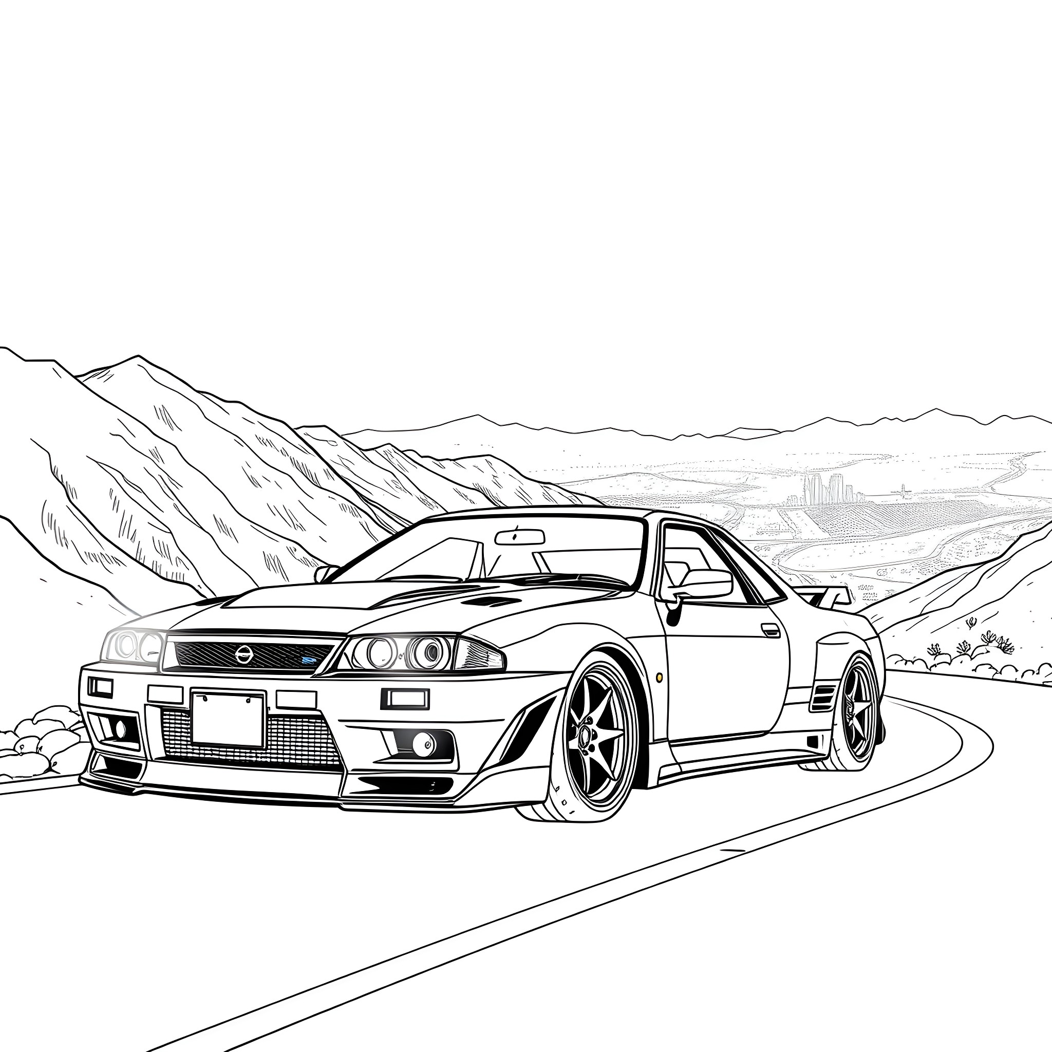 Nissan Skyline racing through winding mountain roads Coloring Page (free black-and-white line drawing printable PDF for all, from beginners to advanced learners, including children, teens, adults, and seniors)