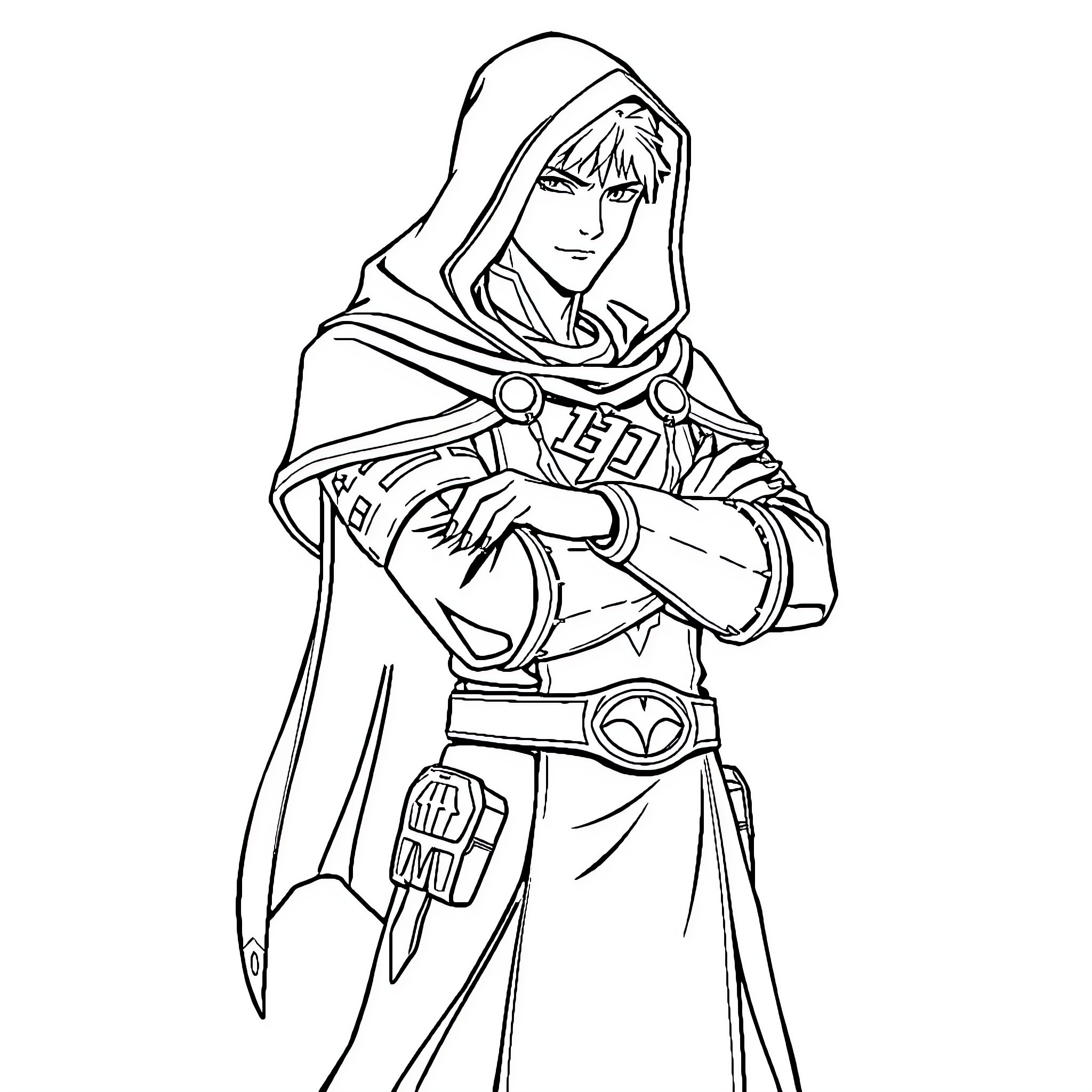Adam Taurus in hooded attire wielding weapon Coloring Page (free black-and-white line drawing printable PDF for all, from beginners to advanced learners, including children, teens, adults, and seniors)