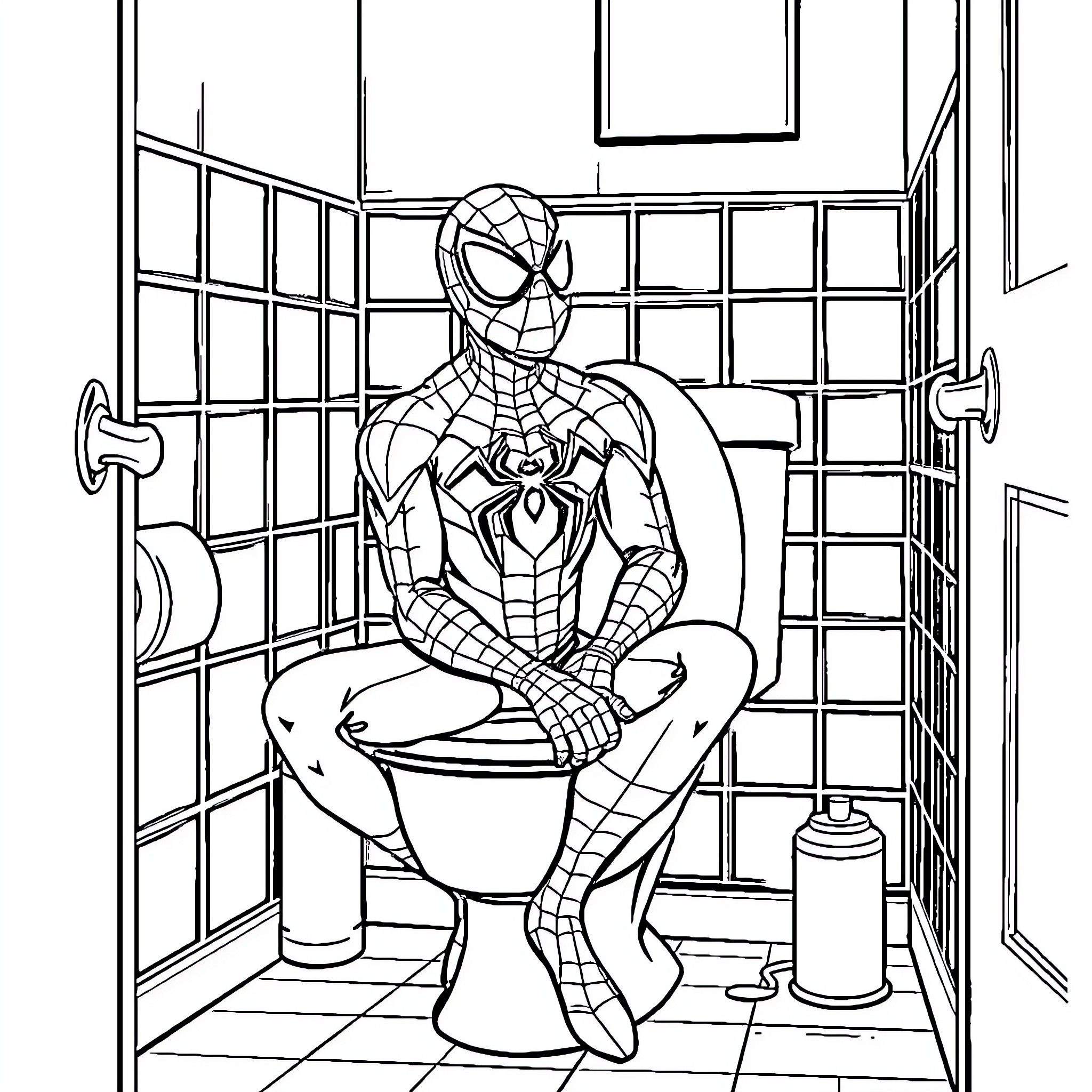 Spiderman in an Unusual Bathroom Scene Coloring Page (free black-and-white line drawing printable PDF for all, from beginners to advanced learners, including children, teens, adults, and seniors)