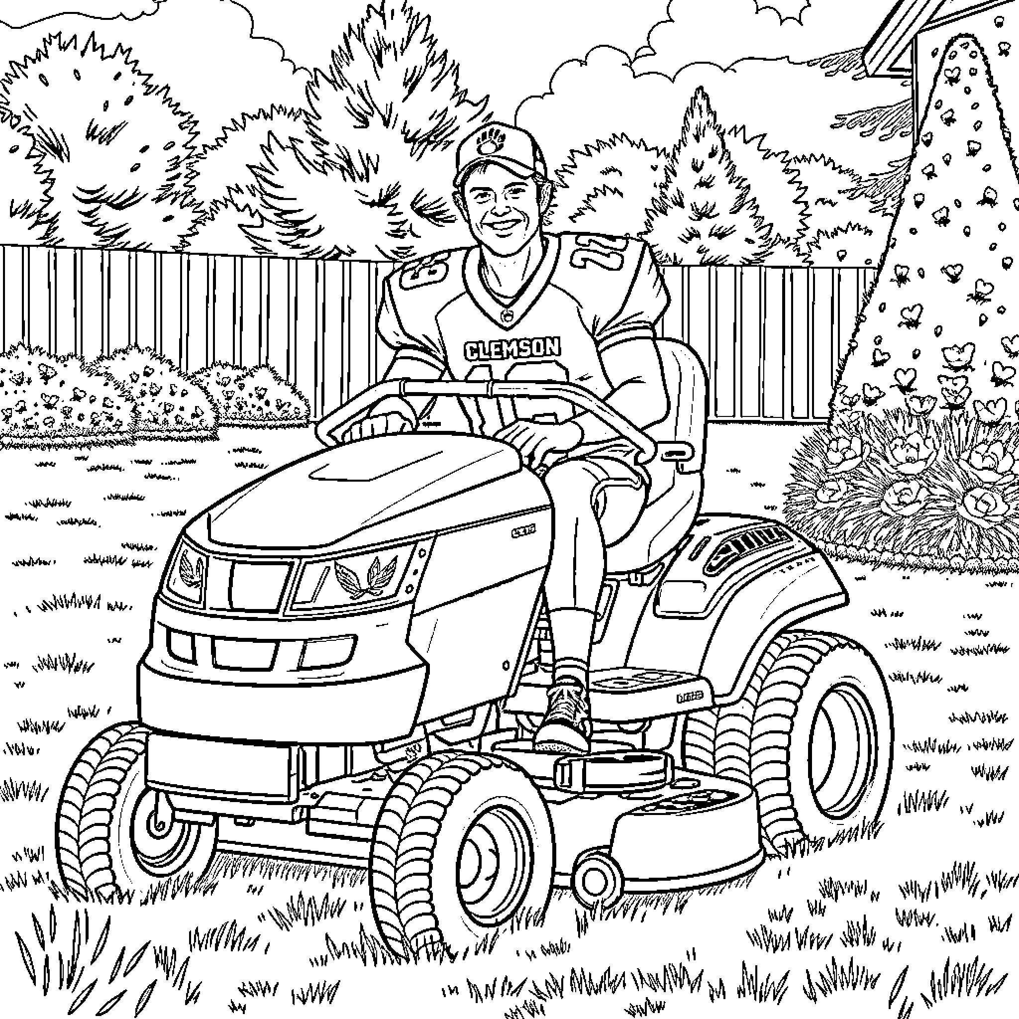 Clemson Football Player Mowing the Lawn on Riding Mower Coloring Page (free black-and-white line drawing printable PDF for all, from beginners to advanced learners, including children, teens, adults, and seniors)