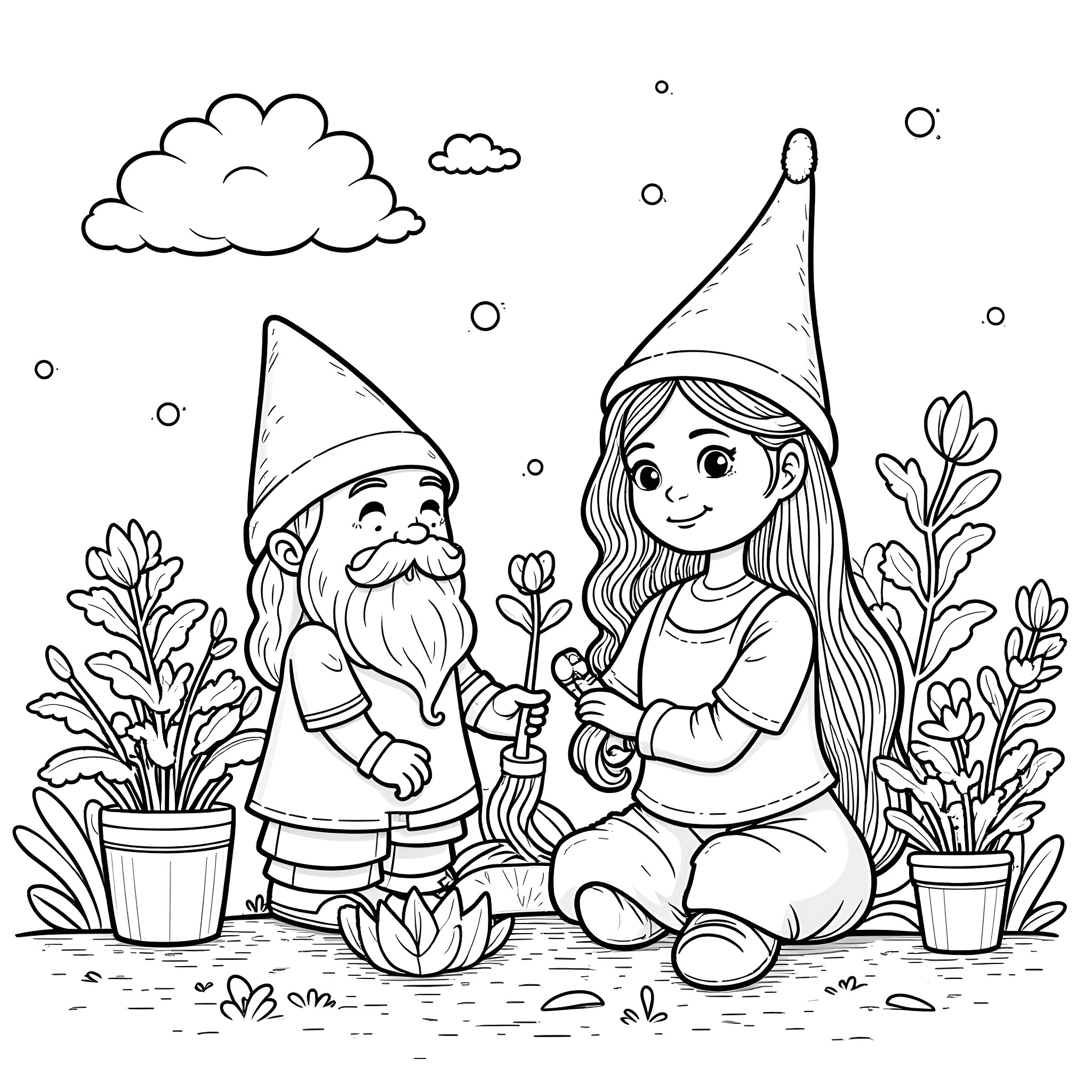 Gnome gardening with a girl in the forest Coloring Page (free black-and-white line drawing printable PDF for all, from beginners to advanced learners, including children, teens, adults, and seniors)