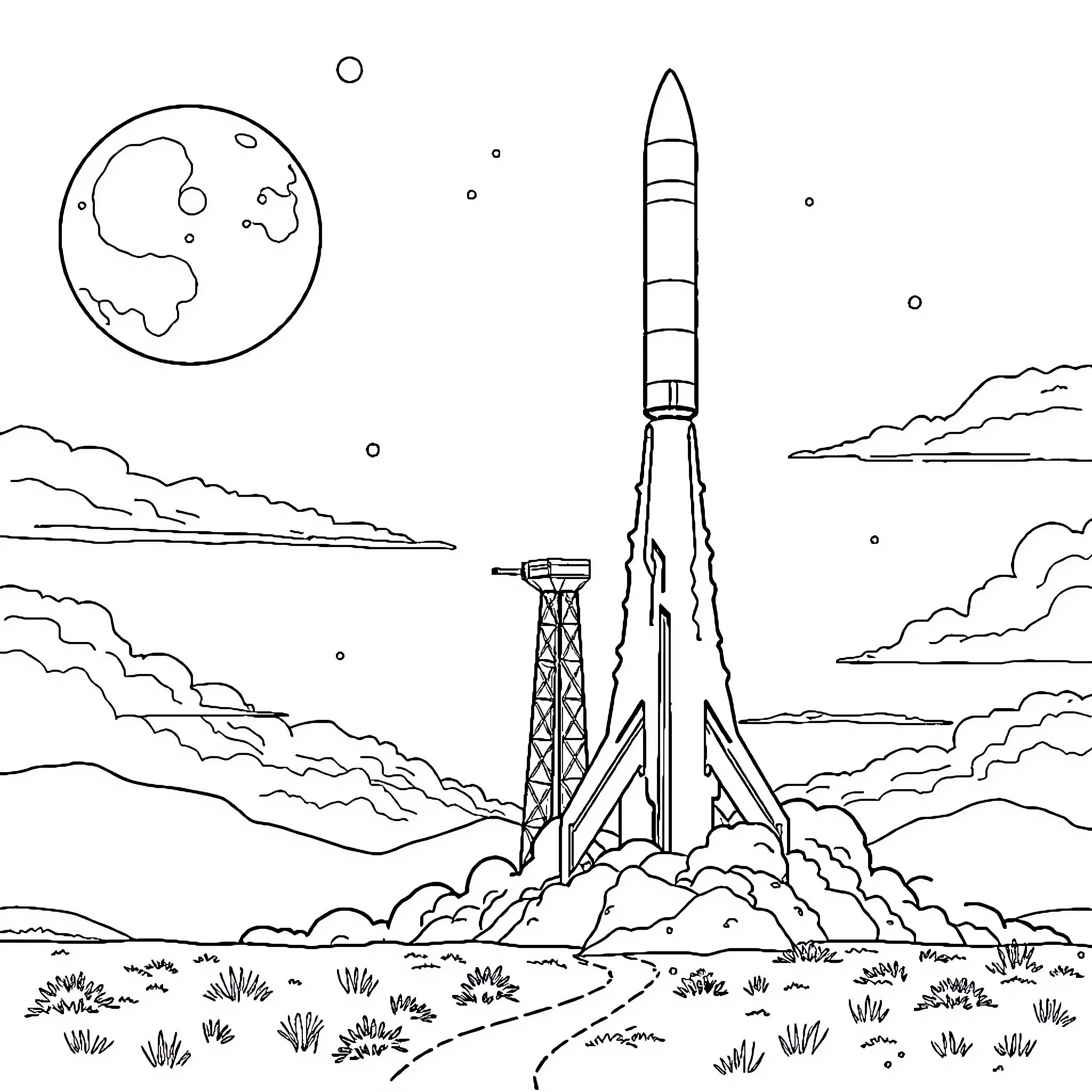 SpaceX rocket launch into the cosmos Coloring Page (free black-and-white line drawing printable PDF for all, from beginners to advanced learners, including children, teens, adults, and seniors)