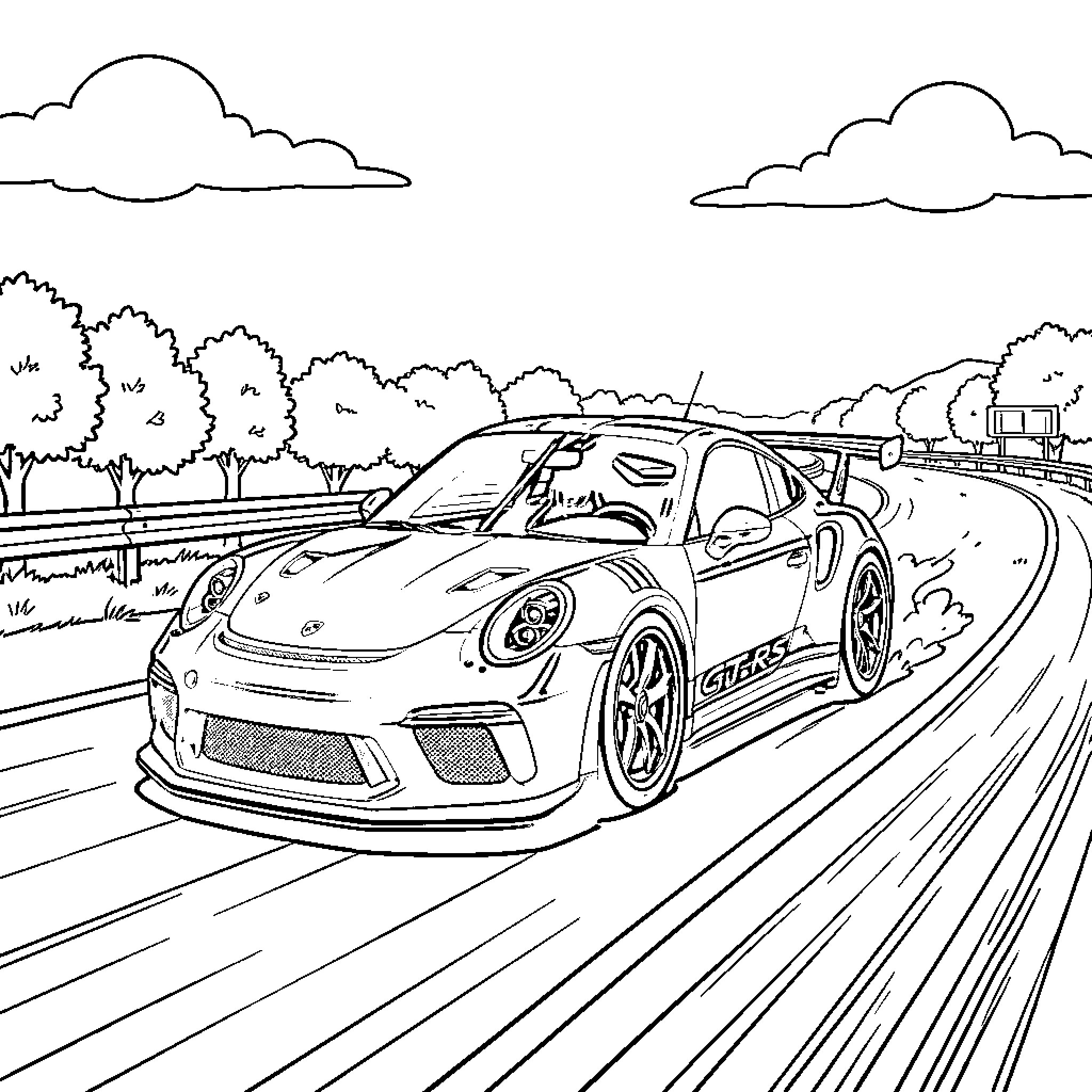 Porsche sports car racing on the highway Coloring Page (free black-and-white line drawing printable PDF for all, from beginners to advanced learners, including children, teens, adults, and seniors)