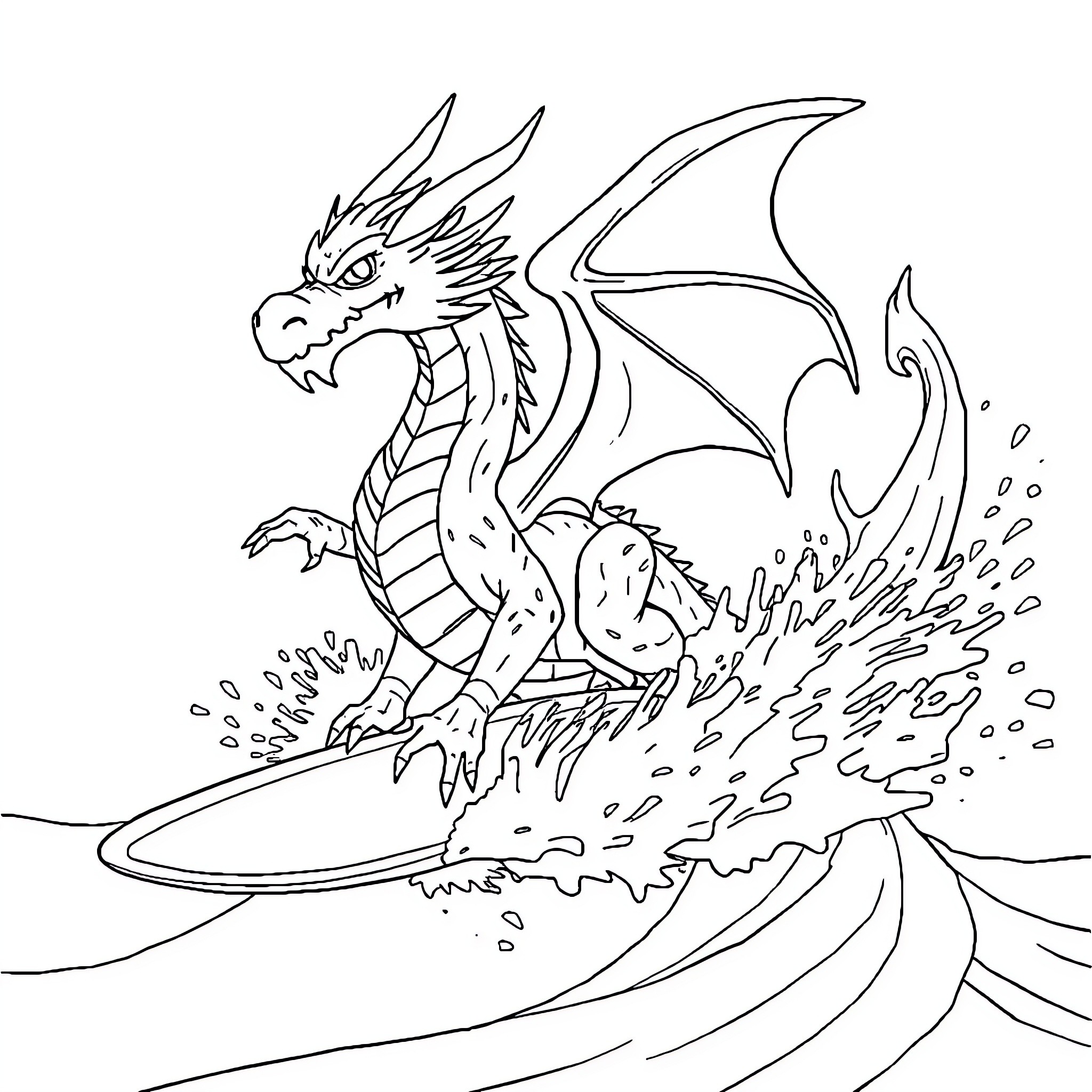 Dragon riding atop a large wave Coloring Page (free black-and-white line drawing printable PDF for all, from beginners to advanced learners, including children, teens, adults, and seniors)