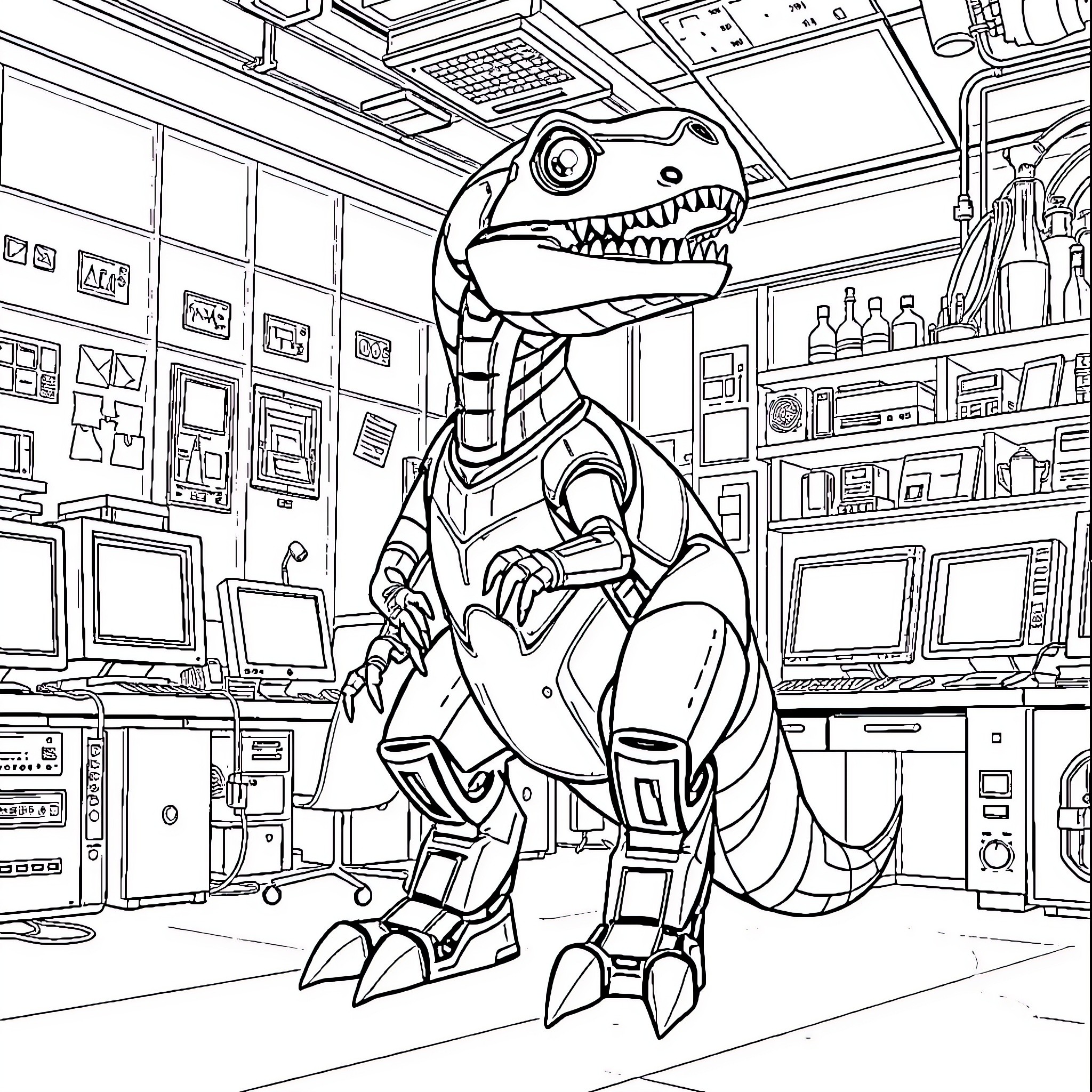 Robot T-Rex exploring high-tech laboratory Coloring Page (free black-and-white line drawing printable PDF for all, from beginners to advanced learners, including children, teens, adults, and seniors)