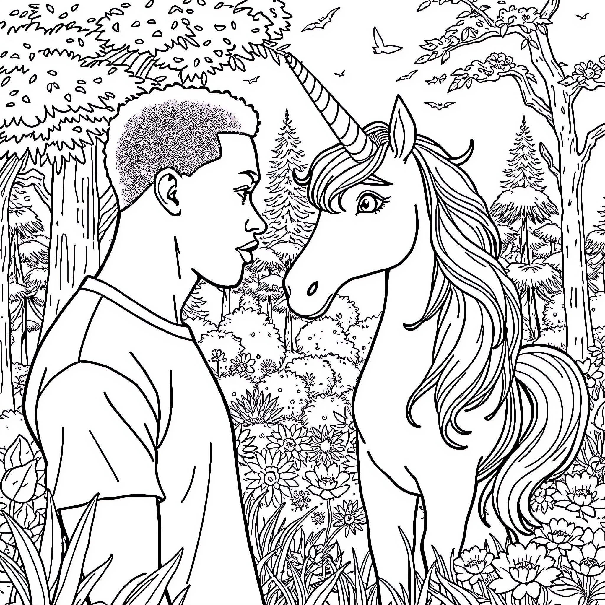 Mbappe encounters a mystical unicorn in a enchanted forest Coloring Page (free black-and-white line drawing printable PDF for all, from beginners to advanced learners, including children, teens, adults, and seniors)