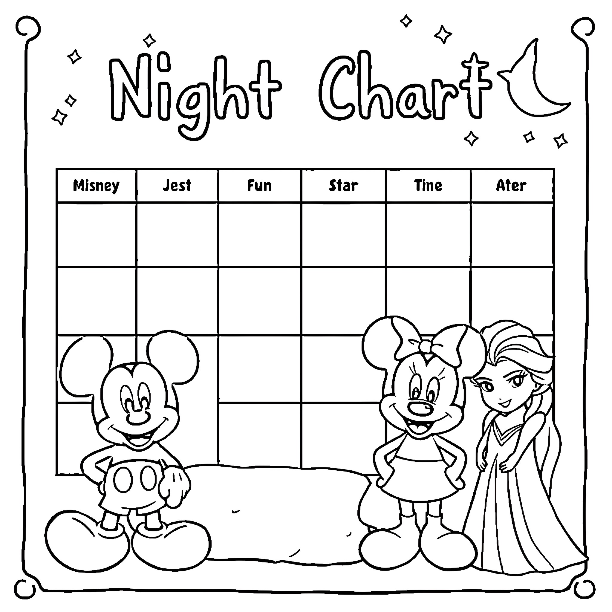 Disney Characters Enjoying a Night Out Coloring Page (free black-and-white line drawing printable PDF for all, from beginners to advanced learners, including children, teens, adults, and seniors)