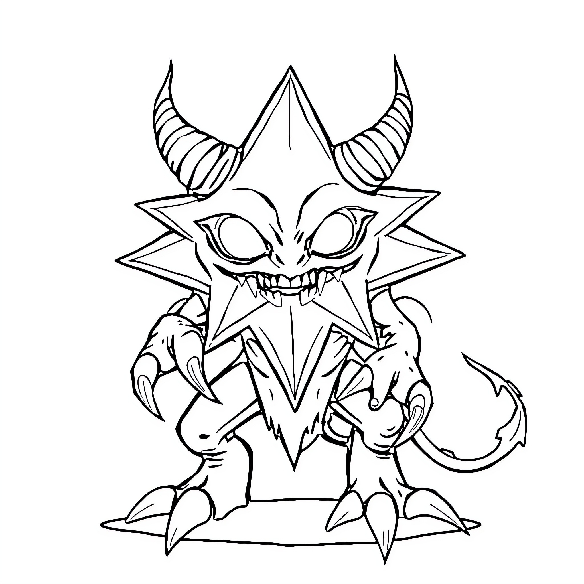 Devil Star Creature with Horns and Fangs Coloring Page (free black-and-white line drawing printable PDF for all, from beginners to advanced learners, including children, teens, adults, and seniors)