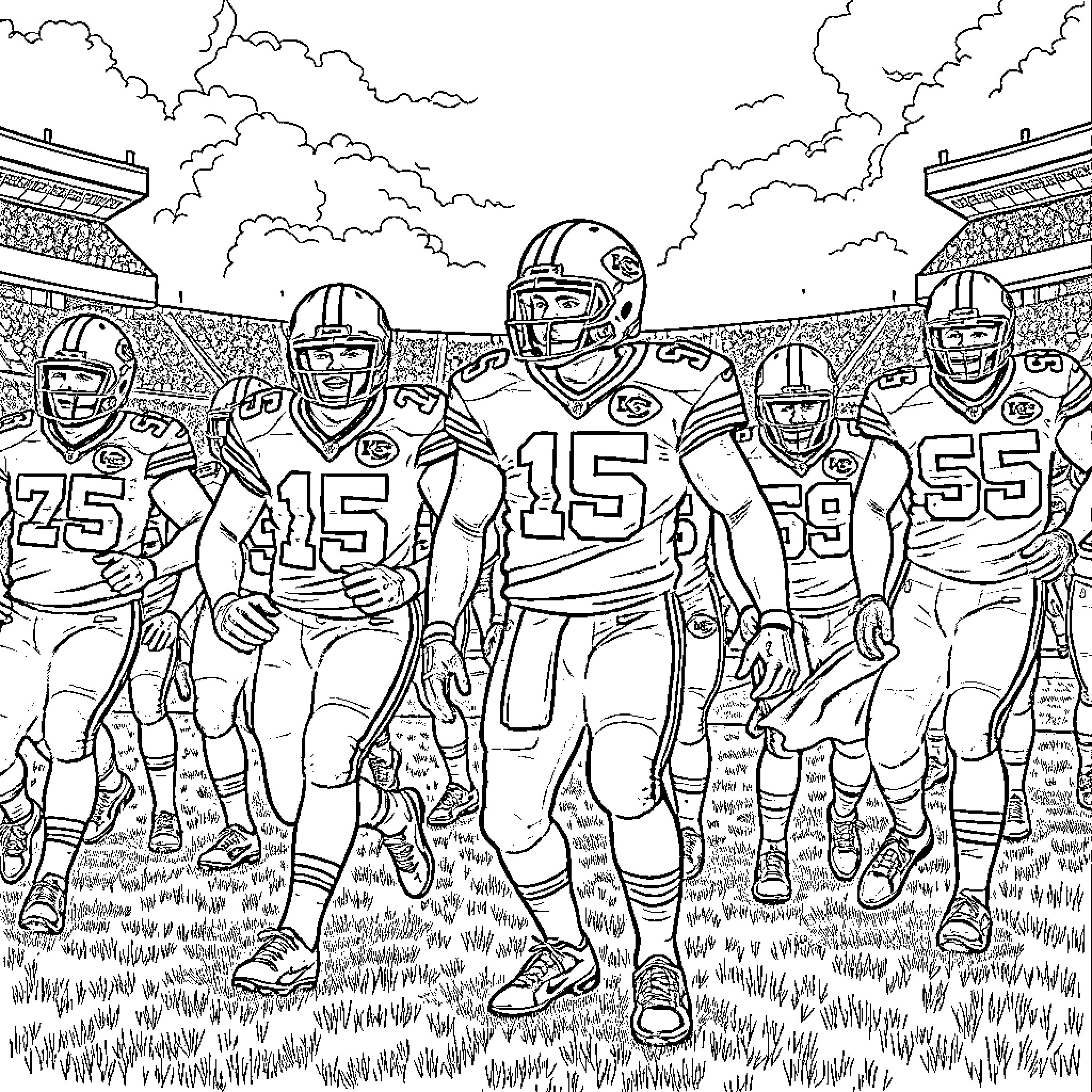 Kansas City Chiefs Players Marching onto the Field Coloring Page (free black-and-white line drawing printable PDF for all, from beginners to advanced learners, including children, teens, adults, and seniors)