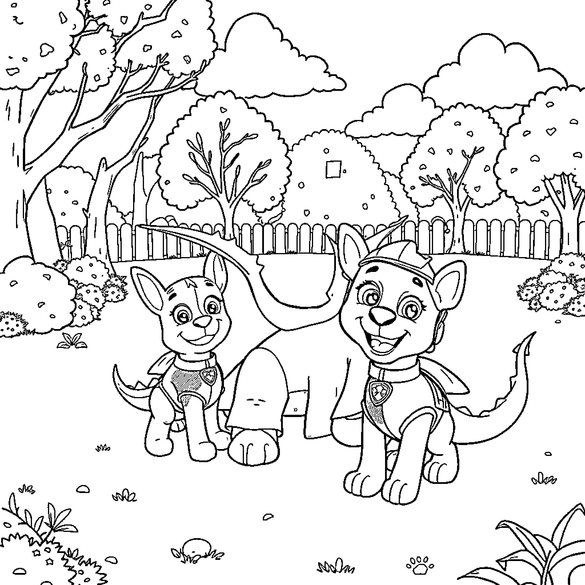 Dragon Pups Playing in the Enchanted Forest Coloring Page (free black-and-white line drawing printable PDF for all, from beginners to advanced learners, including children, teens, adults, and seniors)