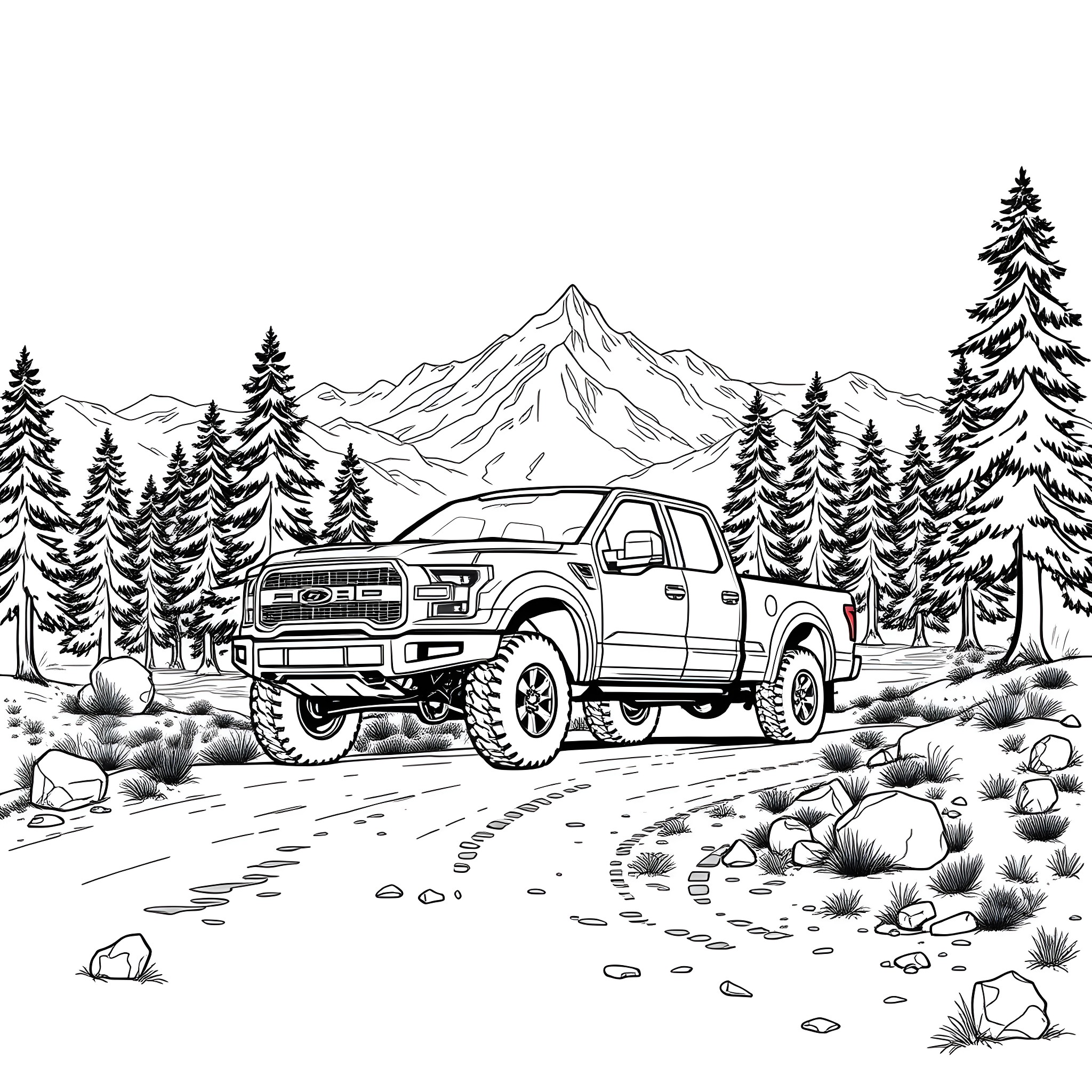 Pick Up Truck Driving Through Rugged Wilderness Landscape Coloring Page (free black-and-white line drawing printable PDF for all, from beginners to advanced learners, including children, teens, adults, and seniors)