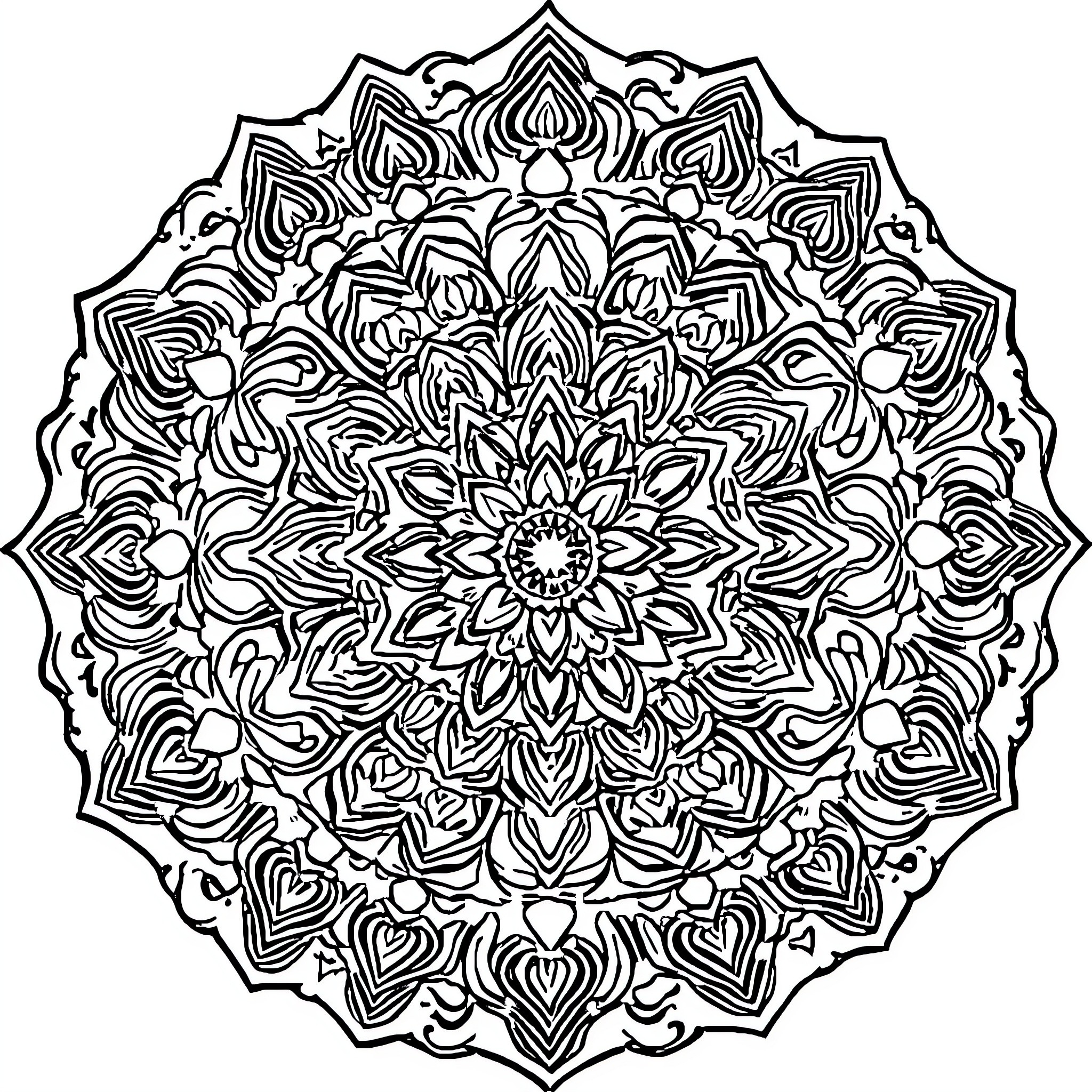 Mandalas of intricate floral patterns Coloring Page (free black-and-white line drawing printable PDF for all, from beginners to advanced learners, including children, teens, adults, and seniors)