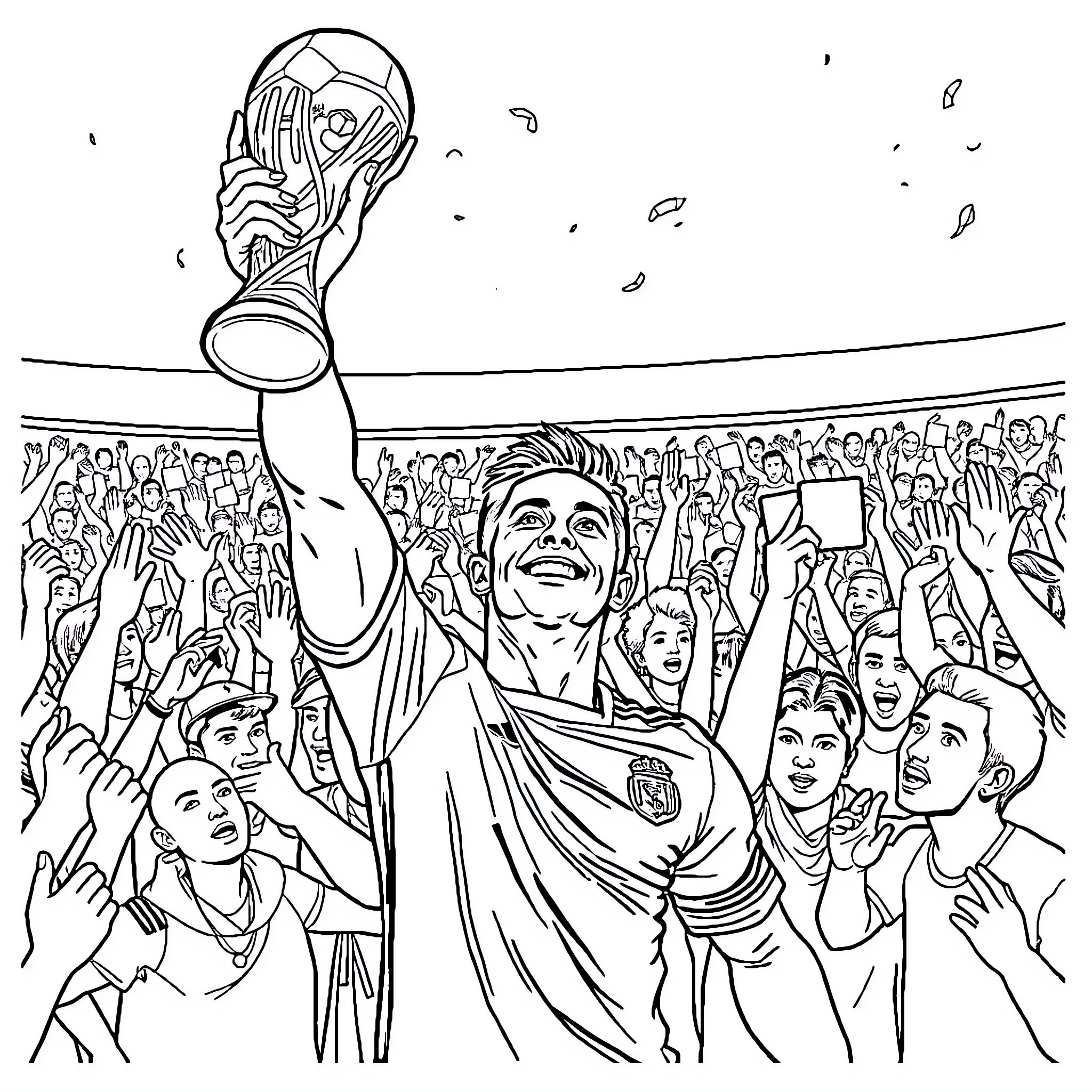 Cristiano Ronaldo celebrating with trophy and crowd Coloring Page (free black-and-white line drawing printable PDF for all, from beginners to advanced learners, including children, teens, adults, and seniors)