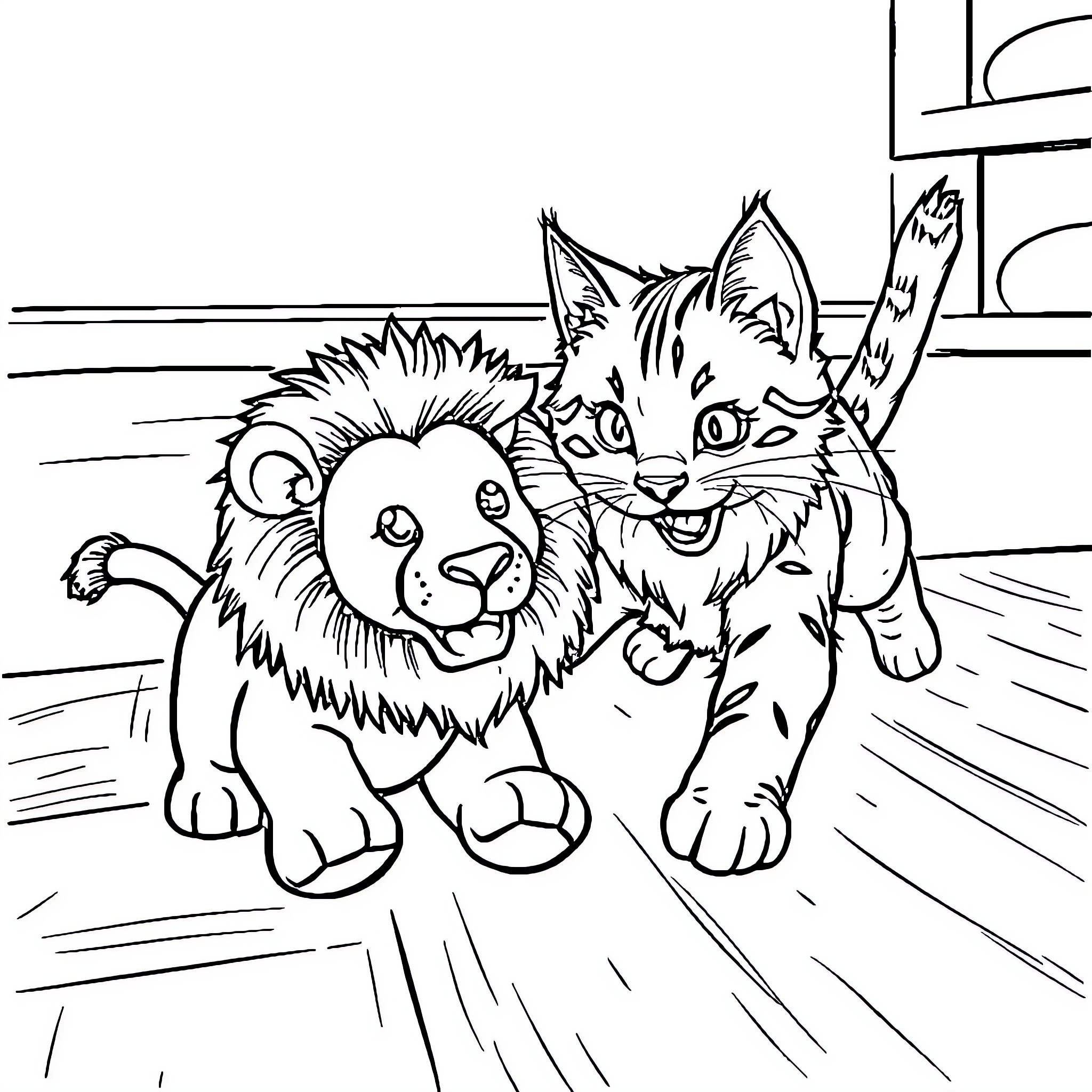 Cat and Dog Playing Together Excitedly Coloring Page (free black-and-white line drawing printable PDF for all, from beginners to advanced learners, including children, teens, adults, and seniors)
