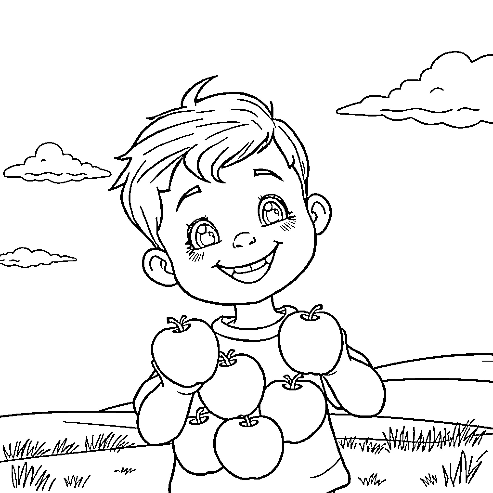 Boy holding apples in a field Coloring Page (free black-and-white line drawing printable PDF for all, from beginners to advanced learners, including children, teens, adults, and seniors)