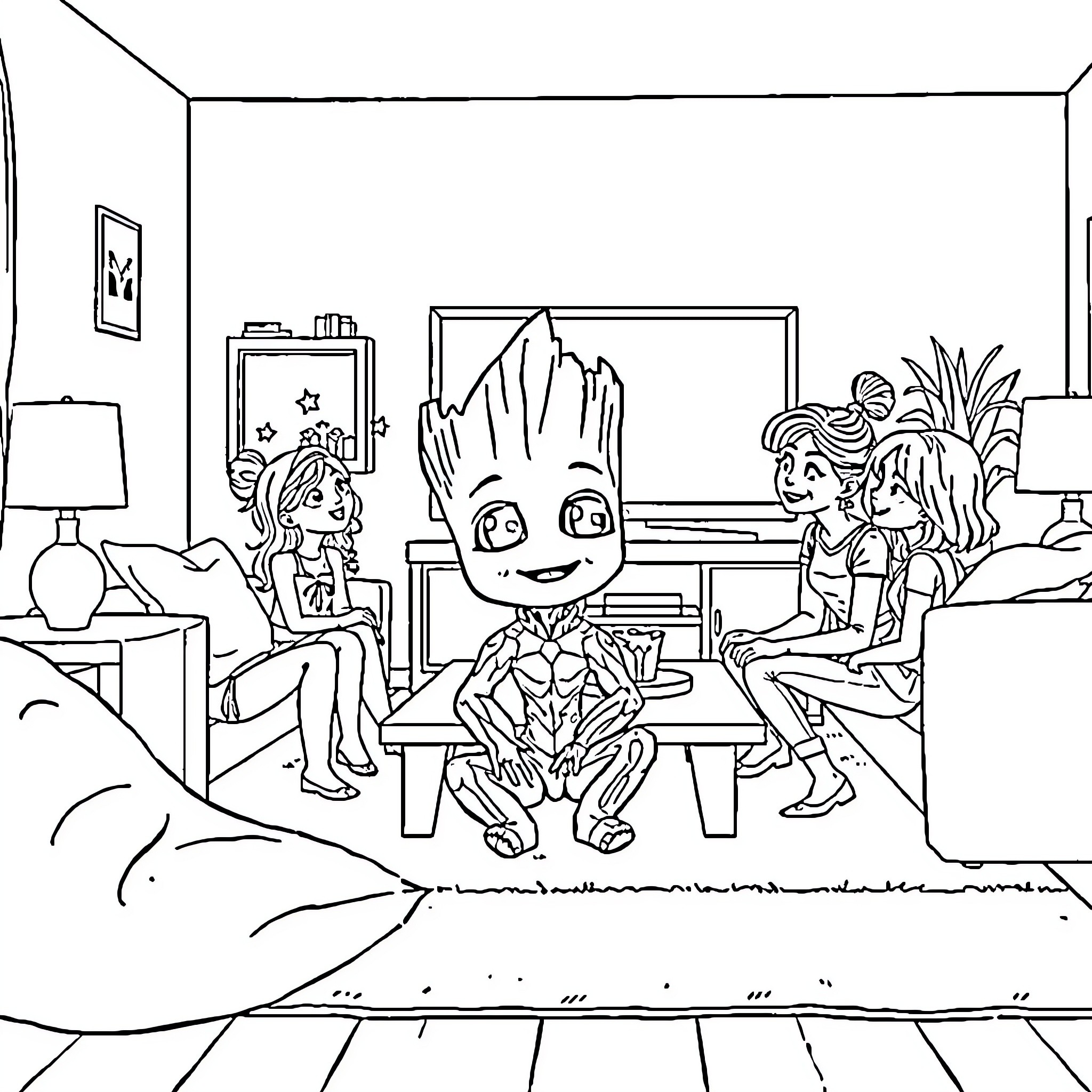 Groot playing with friends in the living room Coloring Page (free black-and-white line drawing printable PDF for all, from beginners to advanced learners, including children, teens, adults, and seniors)