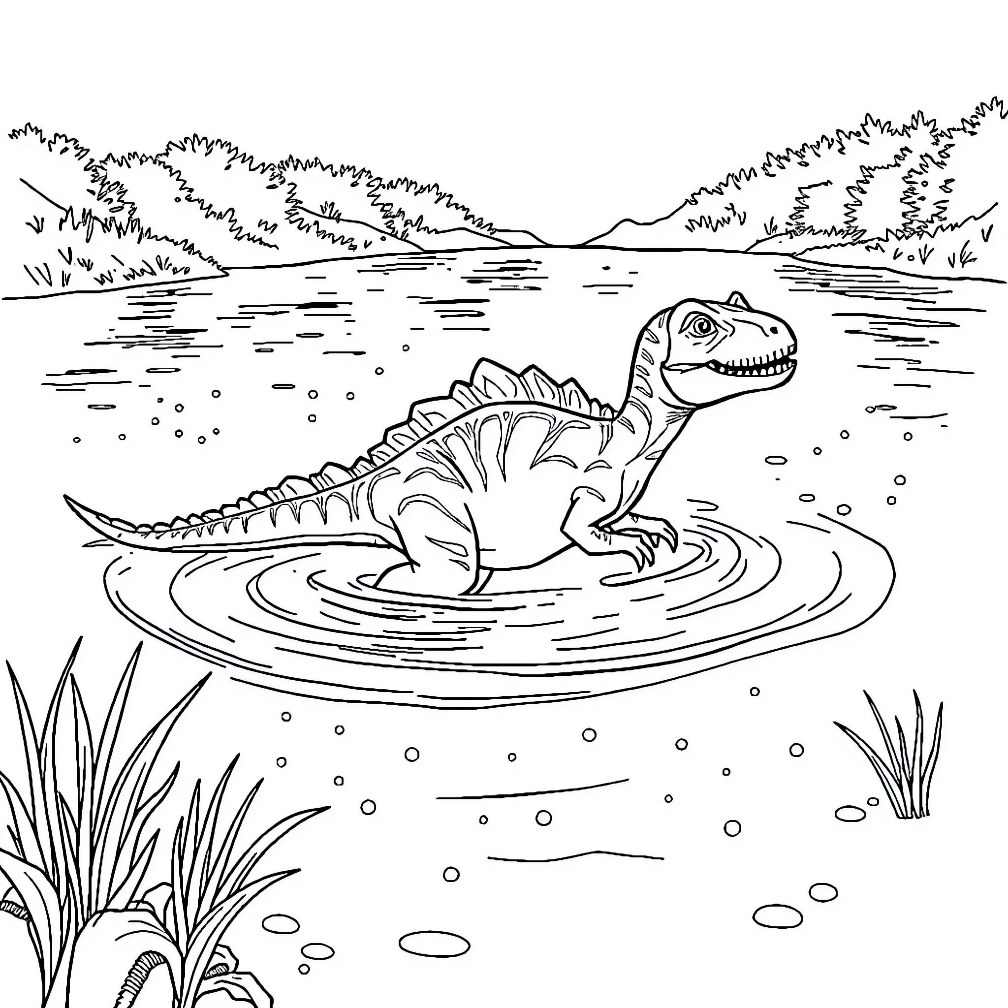 Dinosaur swimming playfully in the lake Coloring Page (free black-and-white line drawing printable PDF for all, from beginners to advanced learners, including children, teens, adults, and seniors)